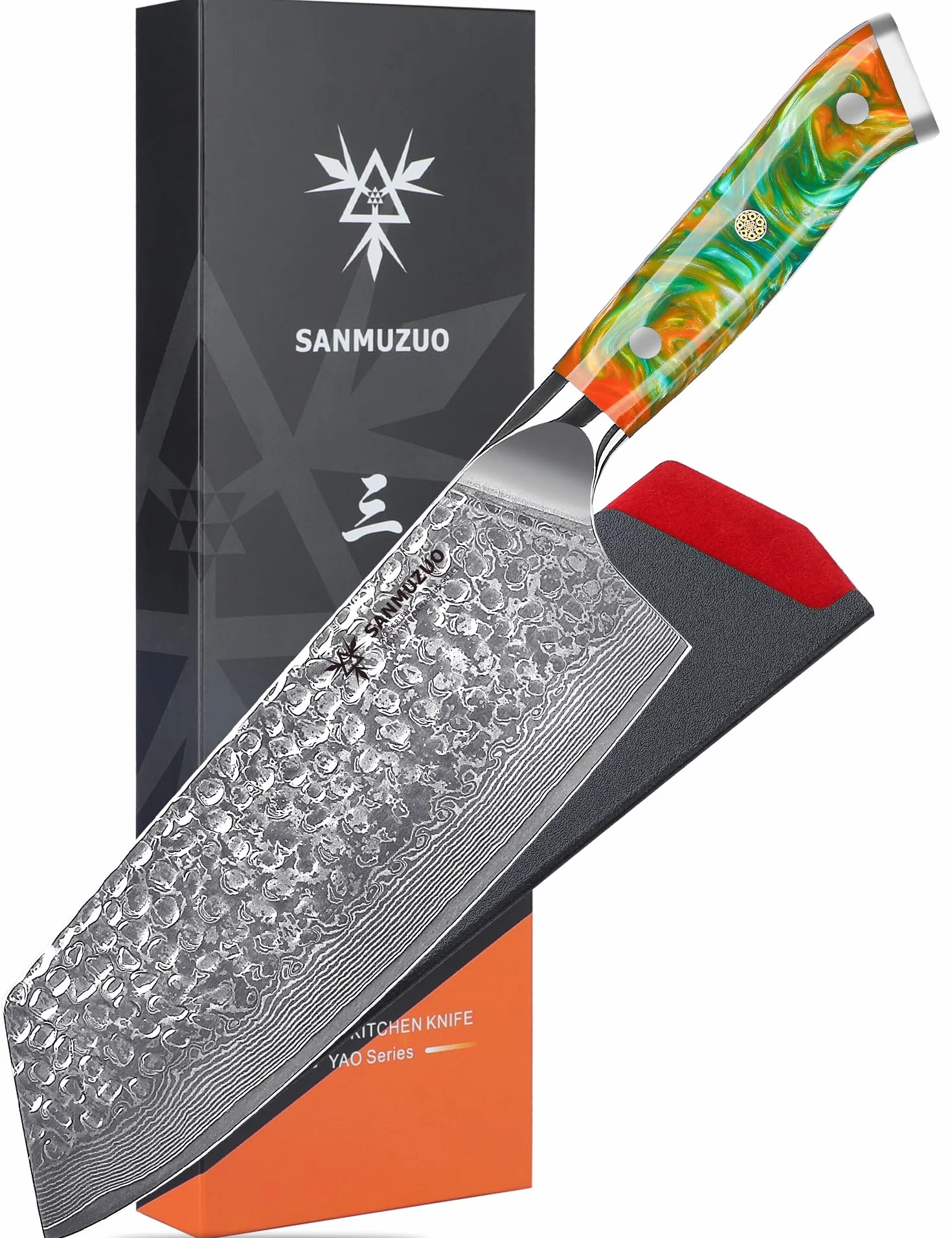 Couteau Nakiri 19,5 cm - Couperet à légumes de cuisine - Couteau japonais Usuba - Acier Damas martelé et manche en résine - Série YAO