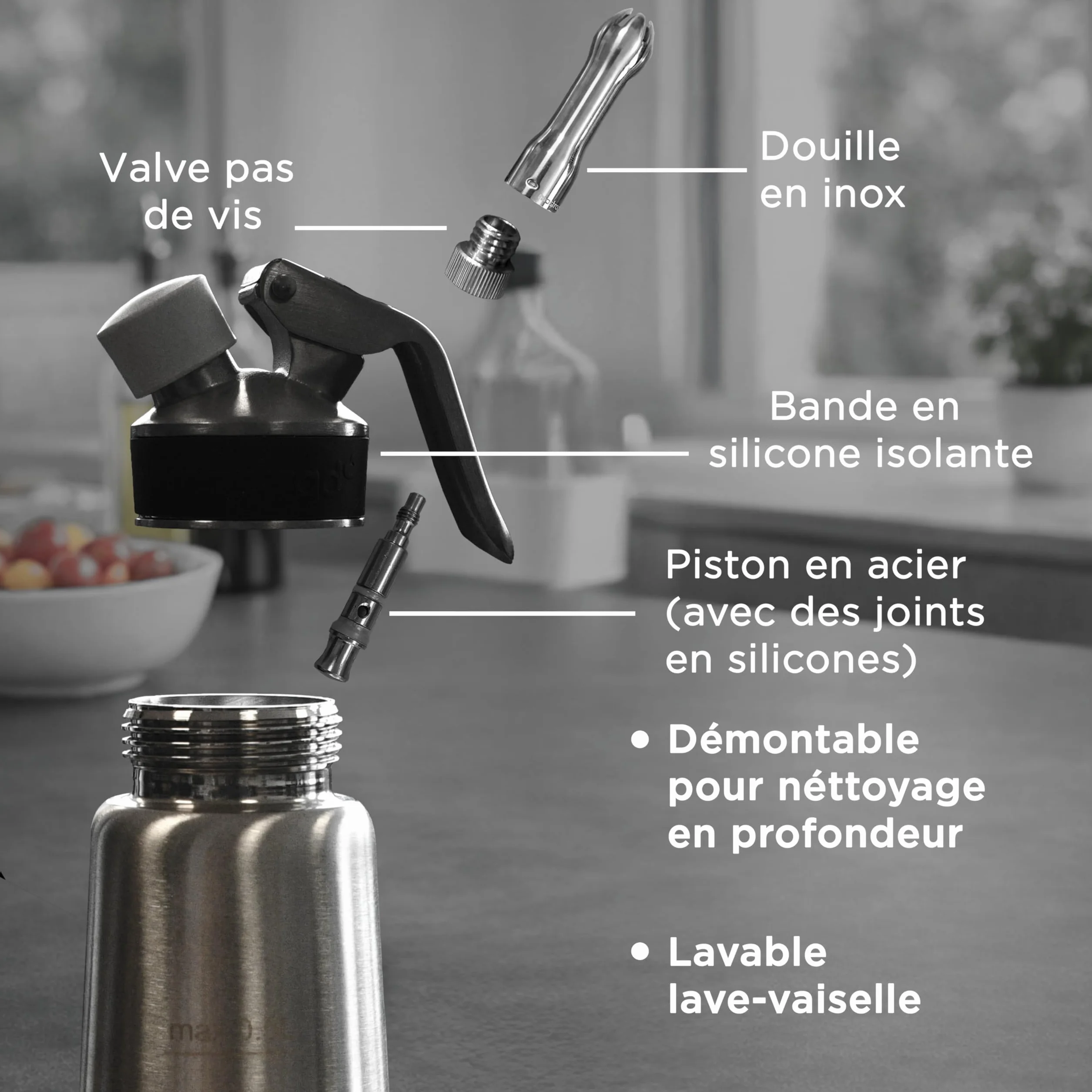 Mastrad Siphon Professionnel 0,5 L Inox Ultra Résistant Sauces Crèmes Chantilly Mousses