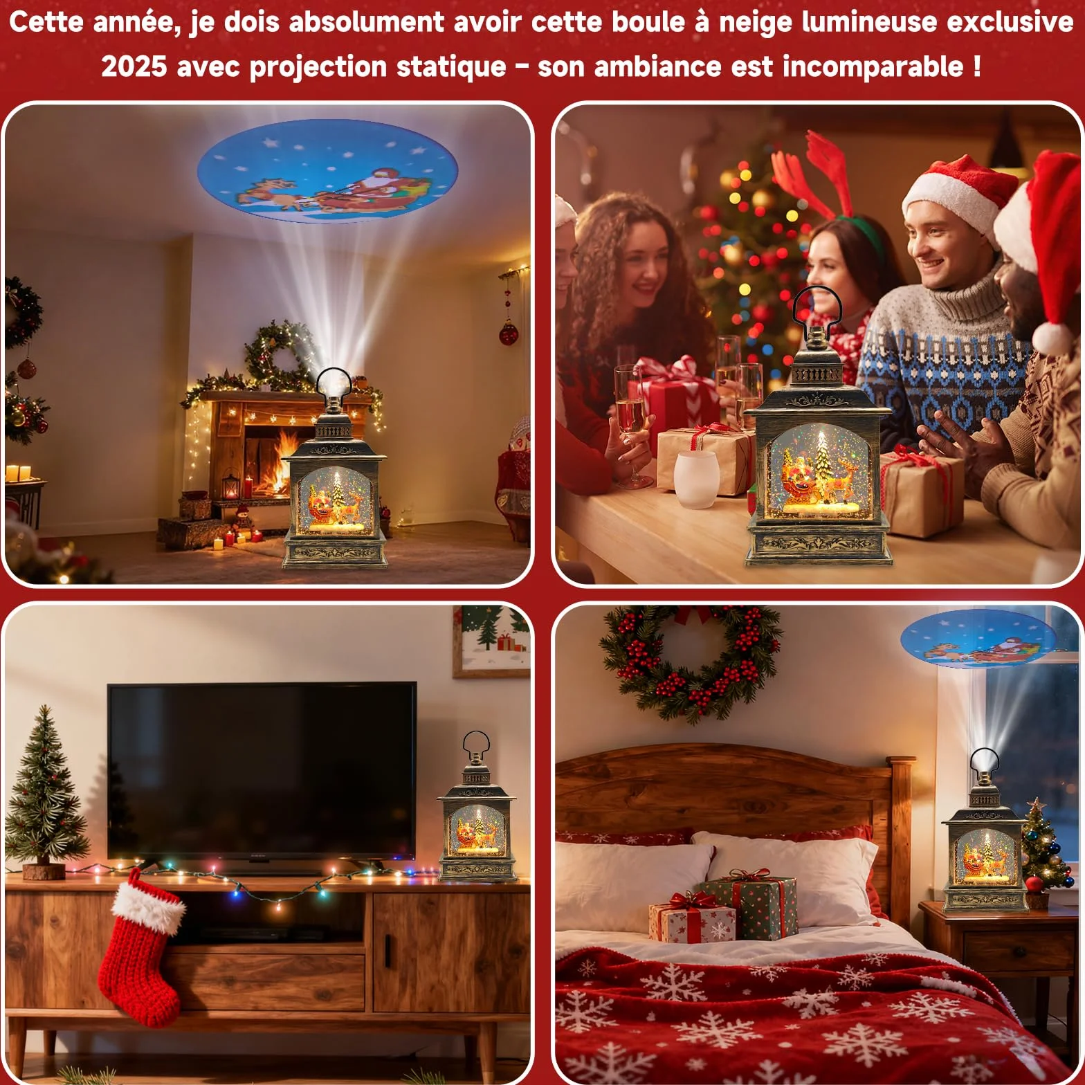 Christmas snow globe lantern with Santa Claus swirling glitter for festive decoration (Père Noël + élan + sapin de Noël)