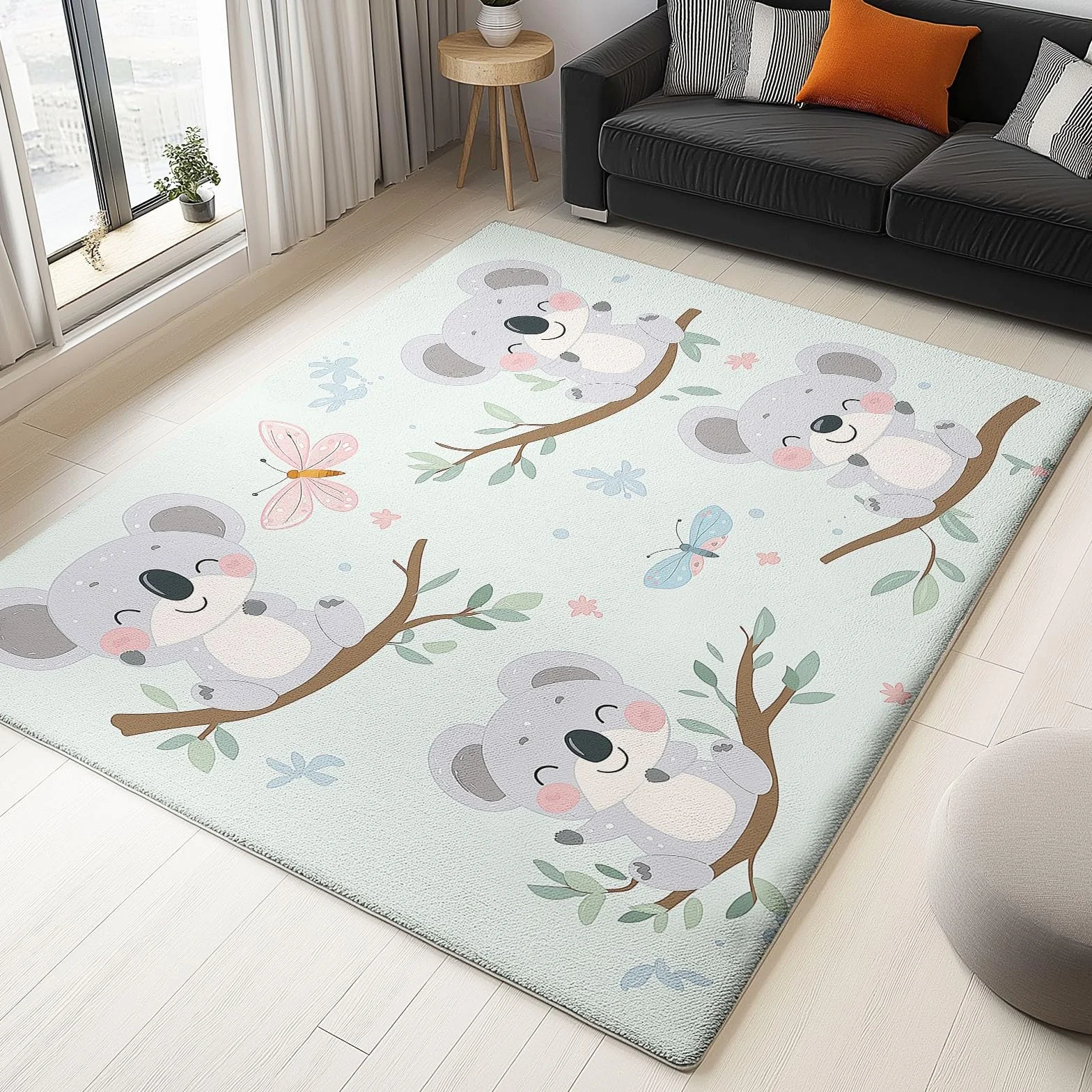 Tapis Lavable en Machine Ours Koala Motif Dessin Animé 60 x 110 cm Salon Chambre Salle à Manger Cyan Clair