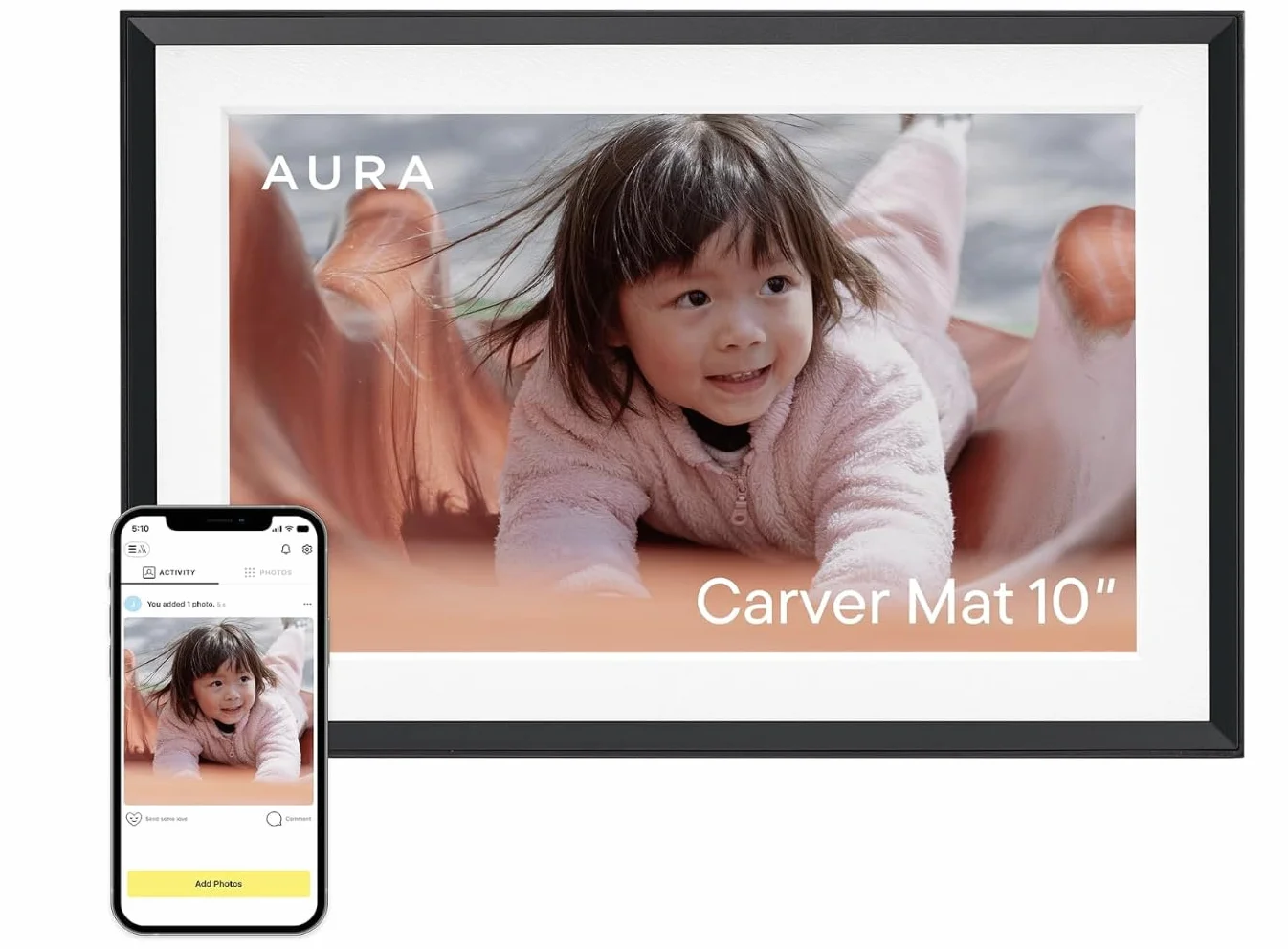 Aura Carver cyfrowa ramka na zdjęcia WiFi 25.4 cm, bezpłatna, nieograniczona pamięć w chmurze, wysyłanie zdjęć z aplikacji, bez subskrypcji, automatyczne włączanie/wyłączanie, prezent dla rodziców i