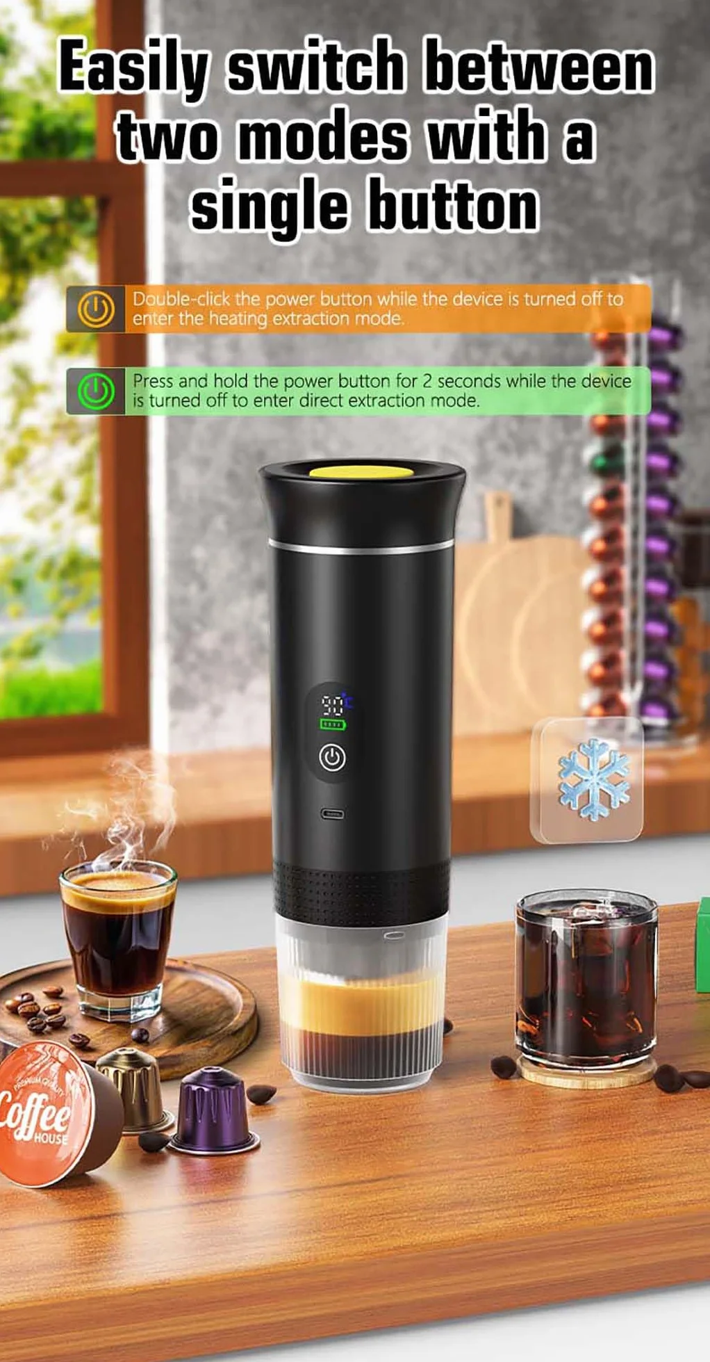 VHV Cafetière Portable 3 en 1,Rechargeable Cafetière Portable de Voyage,12V Expresso Machine a Cafe pour Capsule,Café Moulu,pour Camping,Voyage,Bureau,Voiture,Maison (Vert)