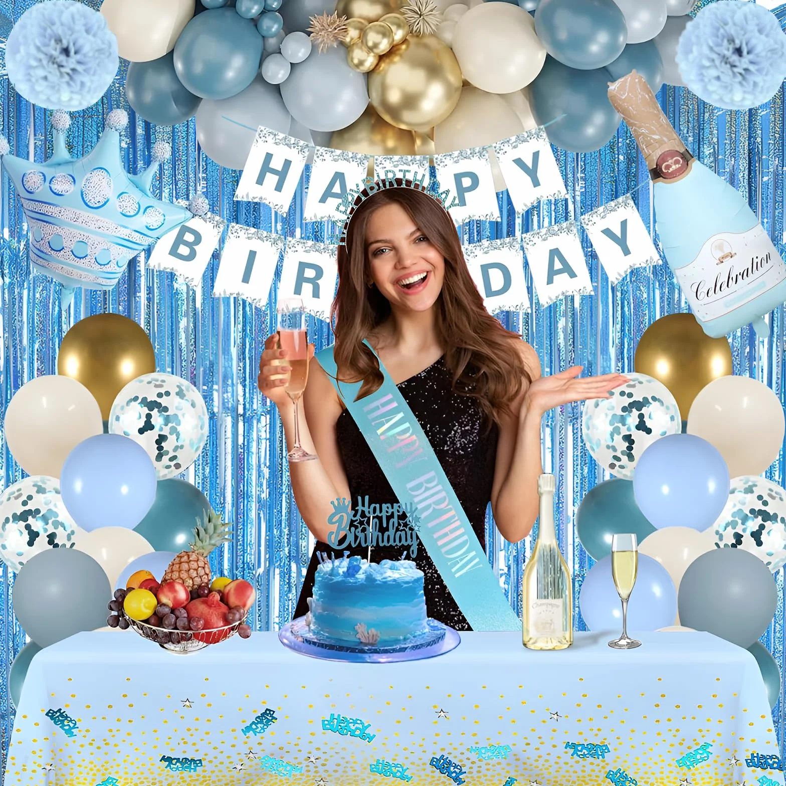 Rideau Anniversaire Métallique Tinsel Bleu 1m x 2m Décoration Fête Photo Soirée