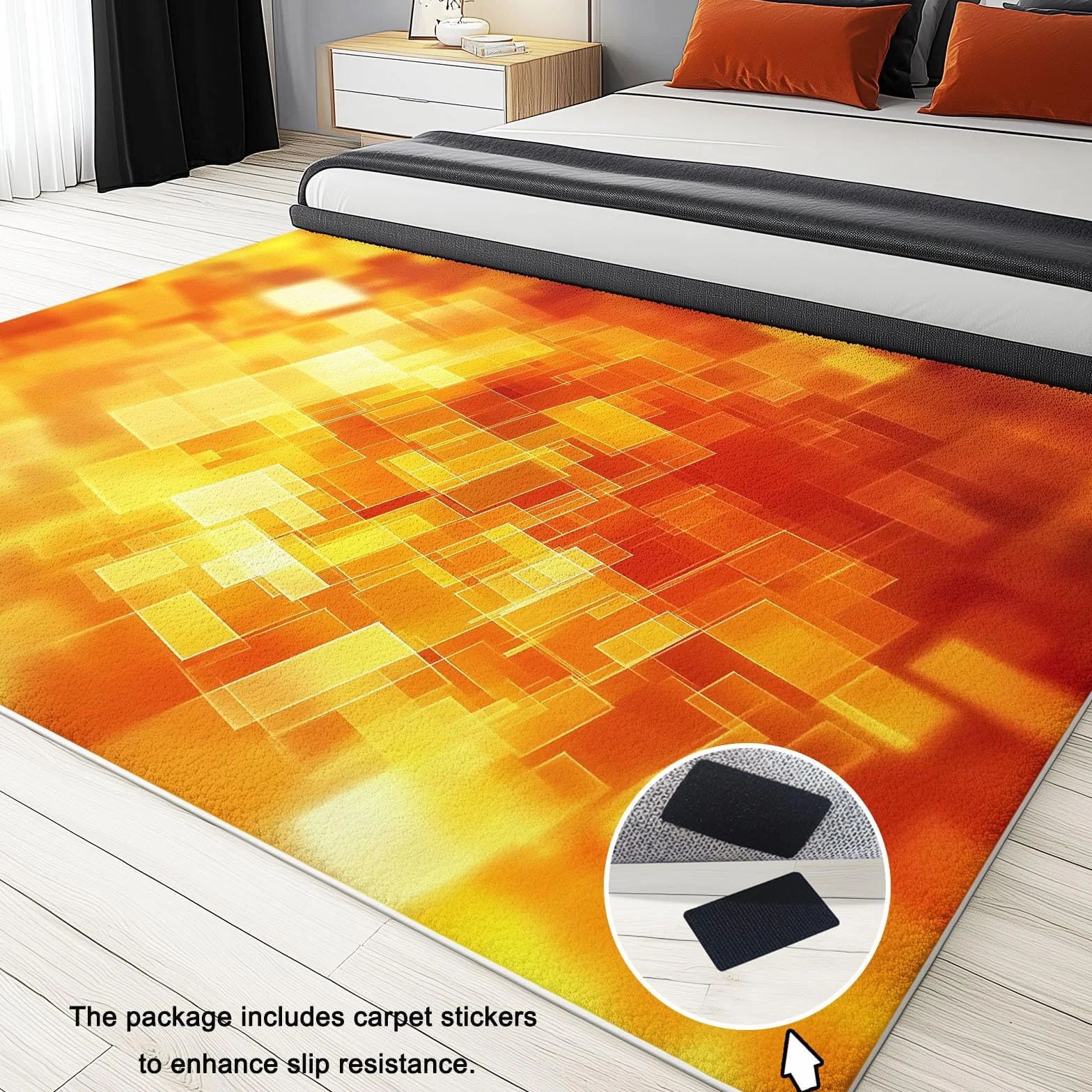 Tapis Poil Ras de Salon Carrés Abstraits Design Lavable, Tapis Antidérapant dans Différentes Tailles, pour Salon Chambre Salle à Manger 160 x 230 cm, Orange Jaune