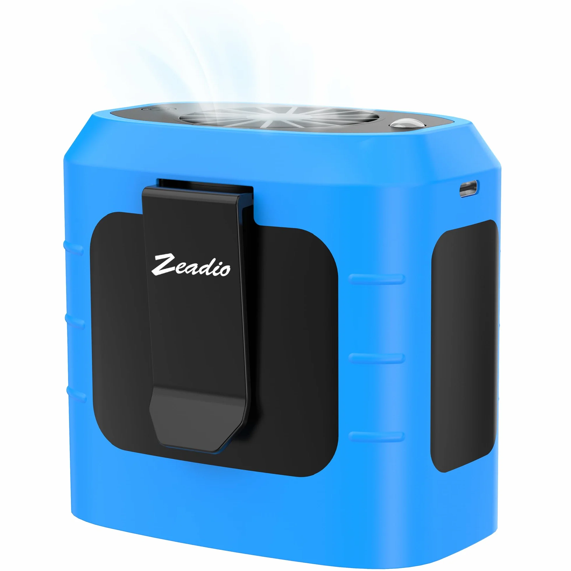Zeadio Ventilateur Portable à Clip Ceinture, 10000 mAh, Ventilateur Mains Libres avec Lampe Torche LED&Batterie Externe, Ventilateur Rafraîchissant pour Travail en Extérieur, Pêche, Randonnée, Bleu