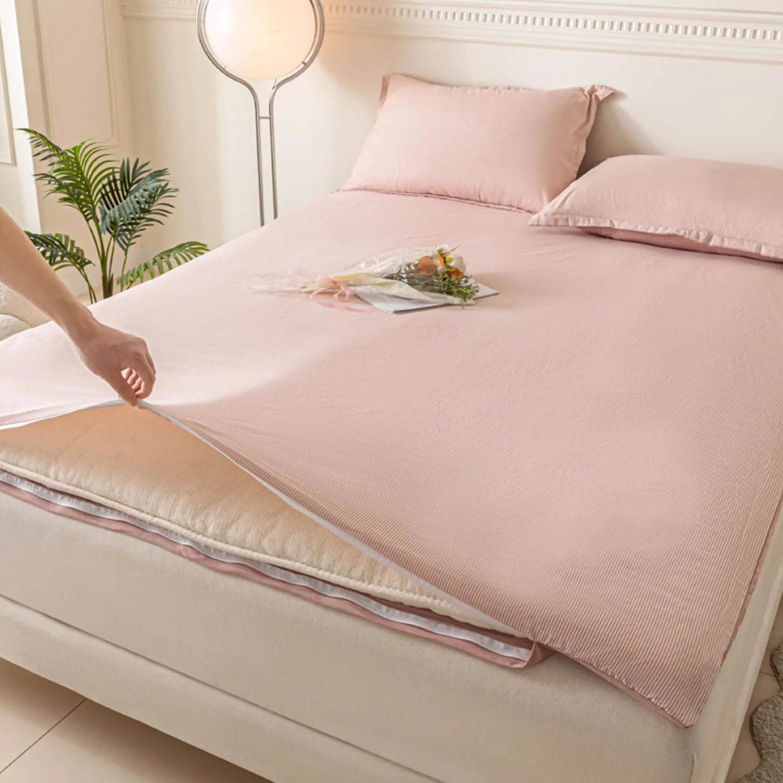 Rayé Couvre Matelas avec Fermeture Éclair 150x200cm Housse de Protection pour Futon Lavable en Machine
