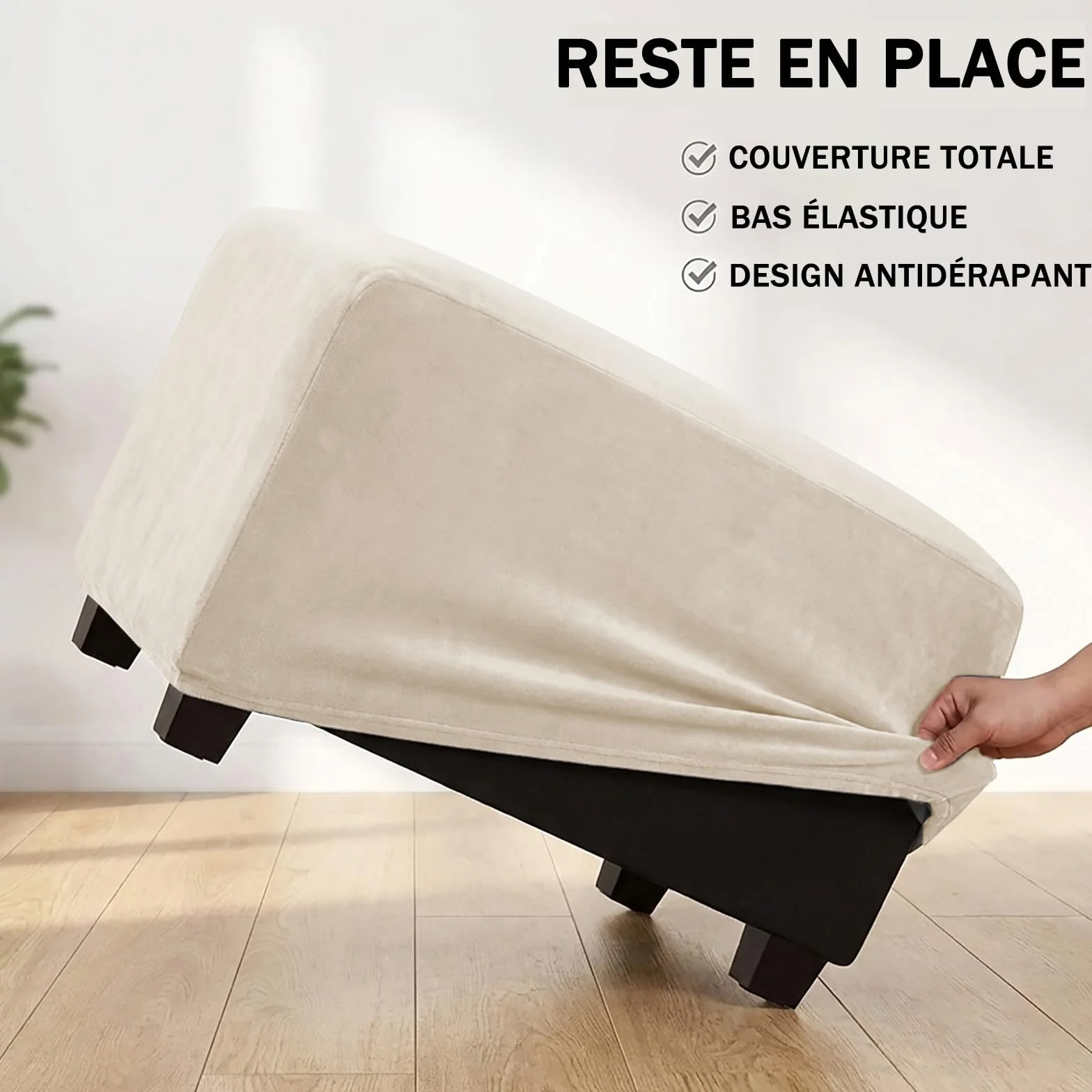 Housse Ottoman Rectangulaire Extensible Velours Repose-Pieds Amovible Antidérapant Blanc Crème