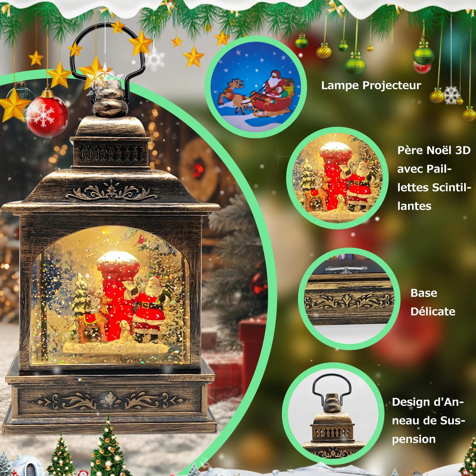 Lanterne Boule à Neige de Noël, illuminée et Musicale avec minuterie, Lanterne rotative du Père avec Projection, décoration de Scintillante, Cadeau (Père Noël + boîte aux Lettres)