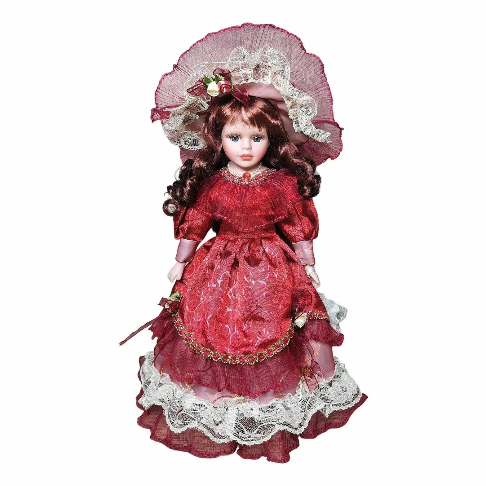 Fenteer Figurine de Collection Poupée Porcelaine Lady Costume Ancien Cheveux Bouclés Robe Élégante Chapeau Bordeaux