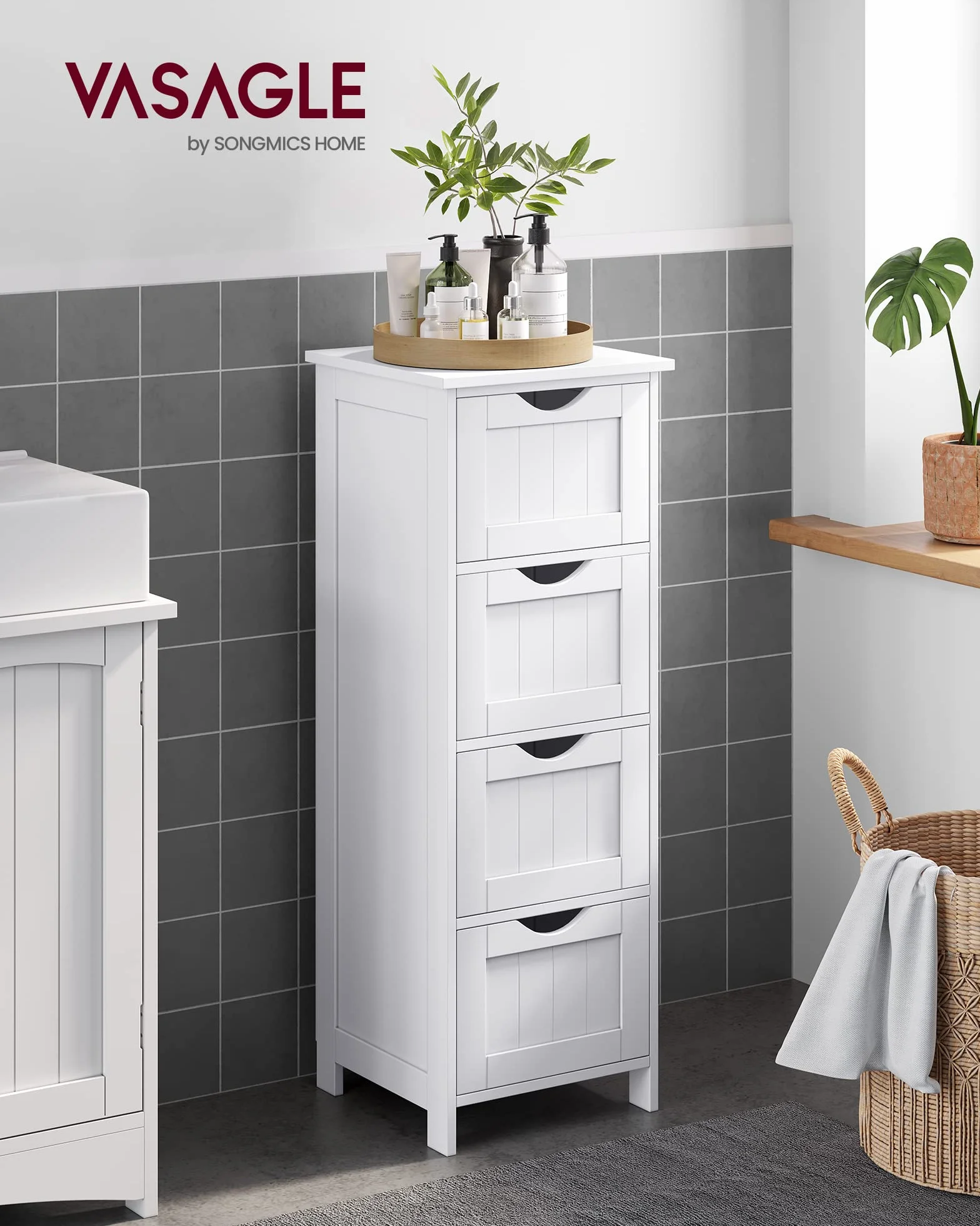 VASAGLE Meuble de Salle de Bain, Armoire sur Pied, avec 4 Tiroirs, 30 x 30 x 82 cm, pour Salon, Salle à Manger, Cuisine, Style Moderne, Blanc LHC40W
