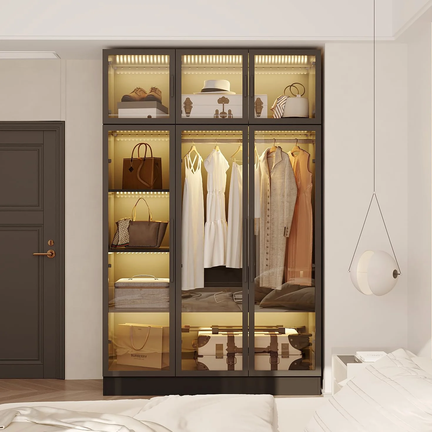 Armoire vitrée avec tringle à vêtements 190cm Vitrine avec 3 éclairages LED Armoire de rangement en verre trempé Vitrine en verre avec 6 portes 5 étagères cadre de porte en fer 120x48x190cm Noir