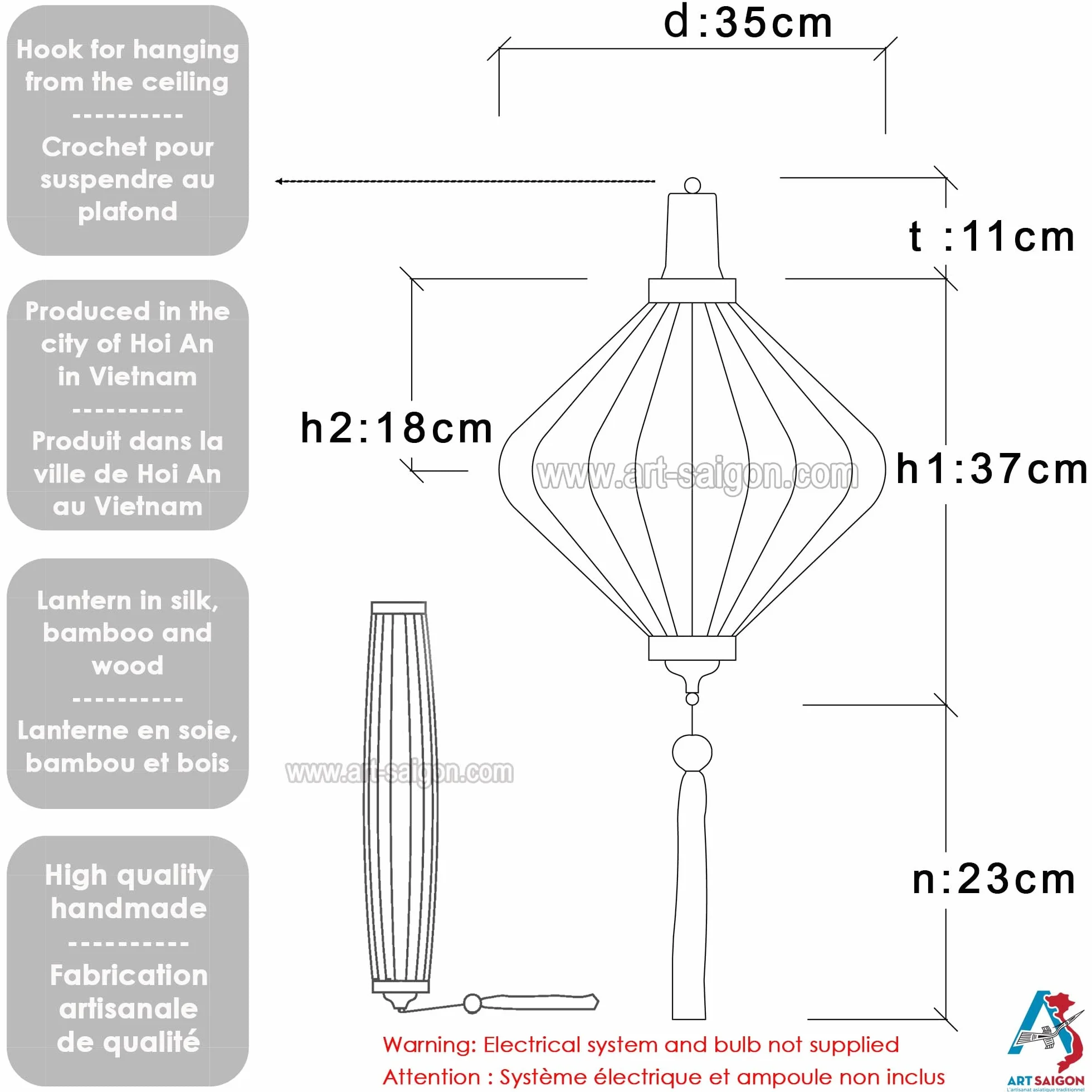 Lampion Asiatique en Soie Orange T Ø35cm - Lanterne Traditionnelle de Hoi an en Tissu, Bambou et Bois, Fait Main - Artisanat et Décoration du Vietnam (T20-O)
