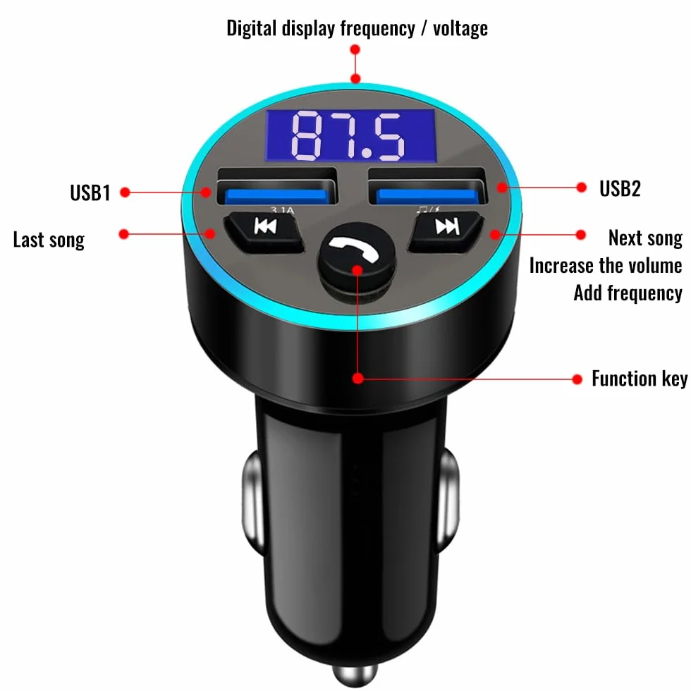 Transmiter FM Auto Bluetooth, adapter Bluetooth, ładowarka do szybkiego ładowania QC3.0, obsługa Dual USB, zestaw głośnomówiący, pamięć USB (A)