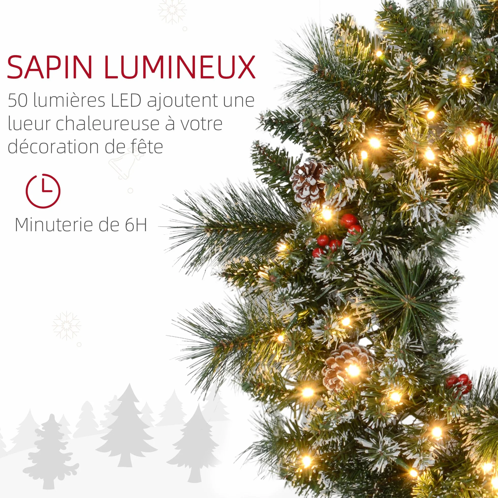HOMCOM Couronne de Noël Porte Artificielle 60 CM décoration de Noël Lumineuse avec Pommes de pin et grappes de Baies, lumières LED et minuterie, pour Porte, fenêtre ou cheminée, Vert