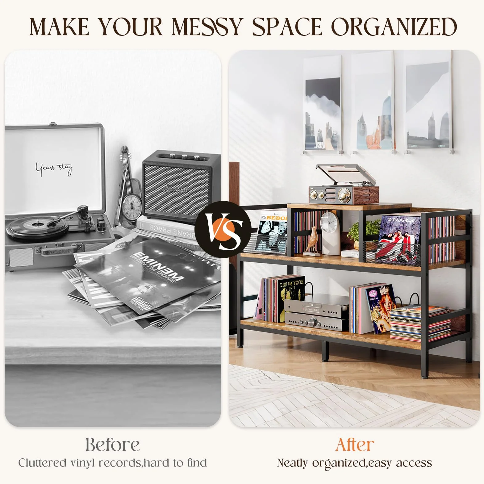 Meuble pour platine vinyle, rangement pour jusqu'à 350 albums, support pour platine avec 4 séparateurs, meuble de rangement pour disques vinyles pour salon et chambre