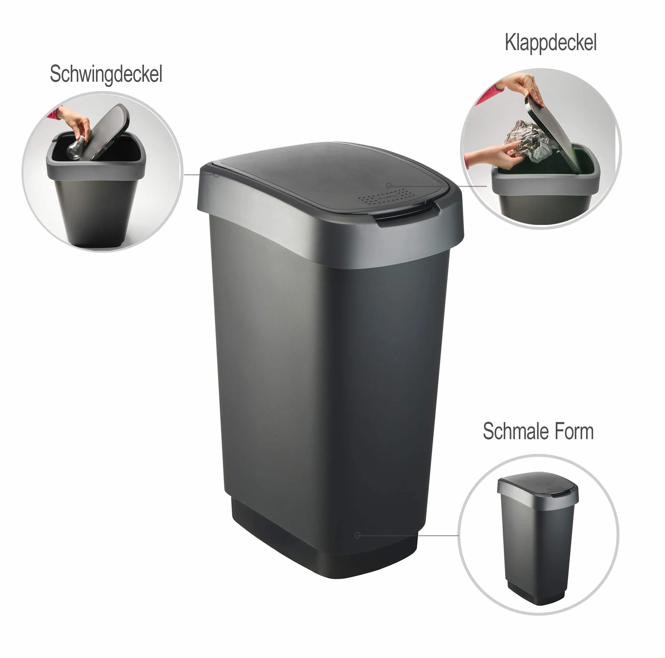 Rotho Twist Poubelle 50l plastique PP sans BPA noir argent 40x30x60 cm