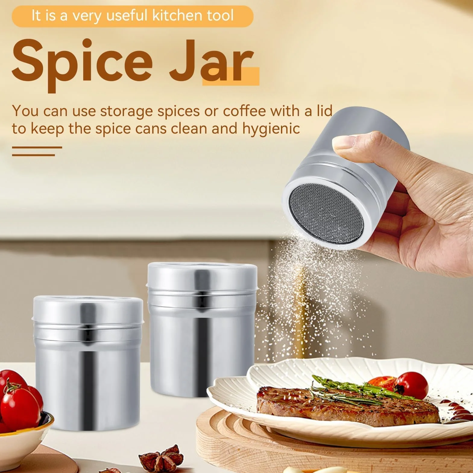 Lot de 3 saupoudreuses en acier inoxydable (7,1 x 5,1 cm) avec couvercles – Pour sucre glace, cacao, farine, épices – Idéal pour pâtisserie et café