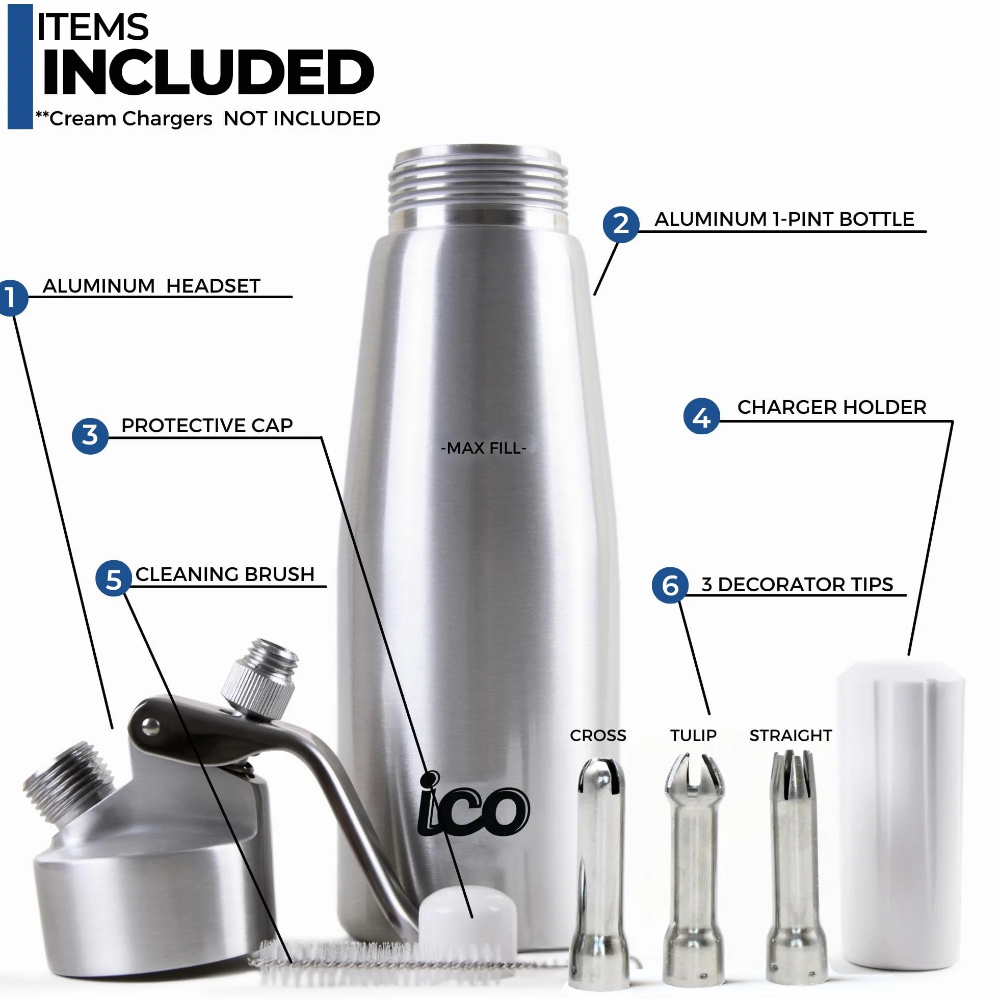 ICO Siphon Chantilly Aluminium 500ml Professionnel Crème Fouettée Maison Mousses Desserts Compatible Cartouches Protoxyde d'Azote Standard