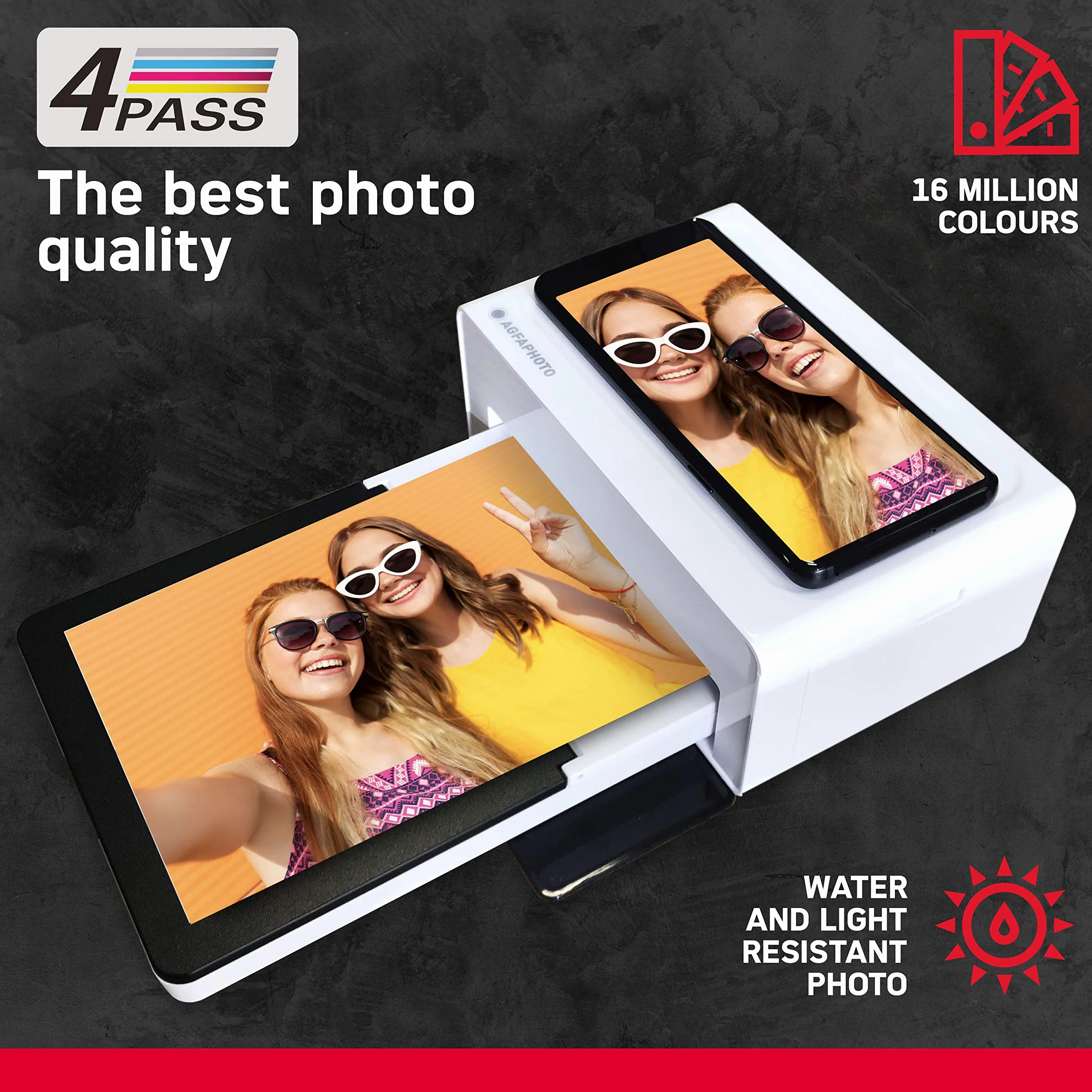 AgfaPhoto Realipix Moments AMO46 - drukarka fotograficzna smartfona 10x15 cm, Bluetooth dla smartfonów Apple i Android, sublimacja termiczna 4Pass - Biała