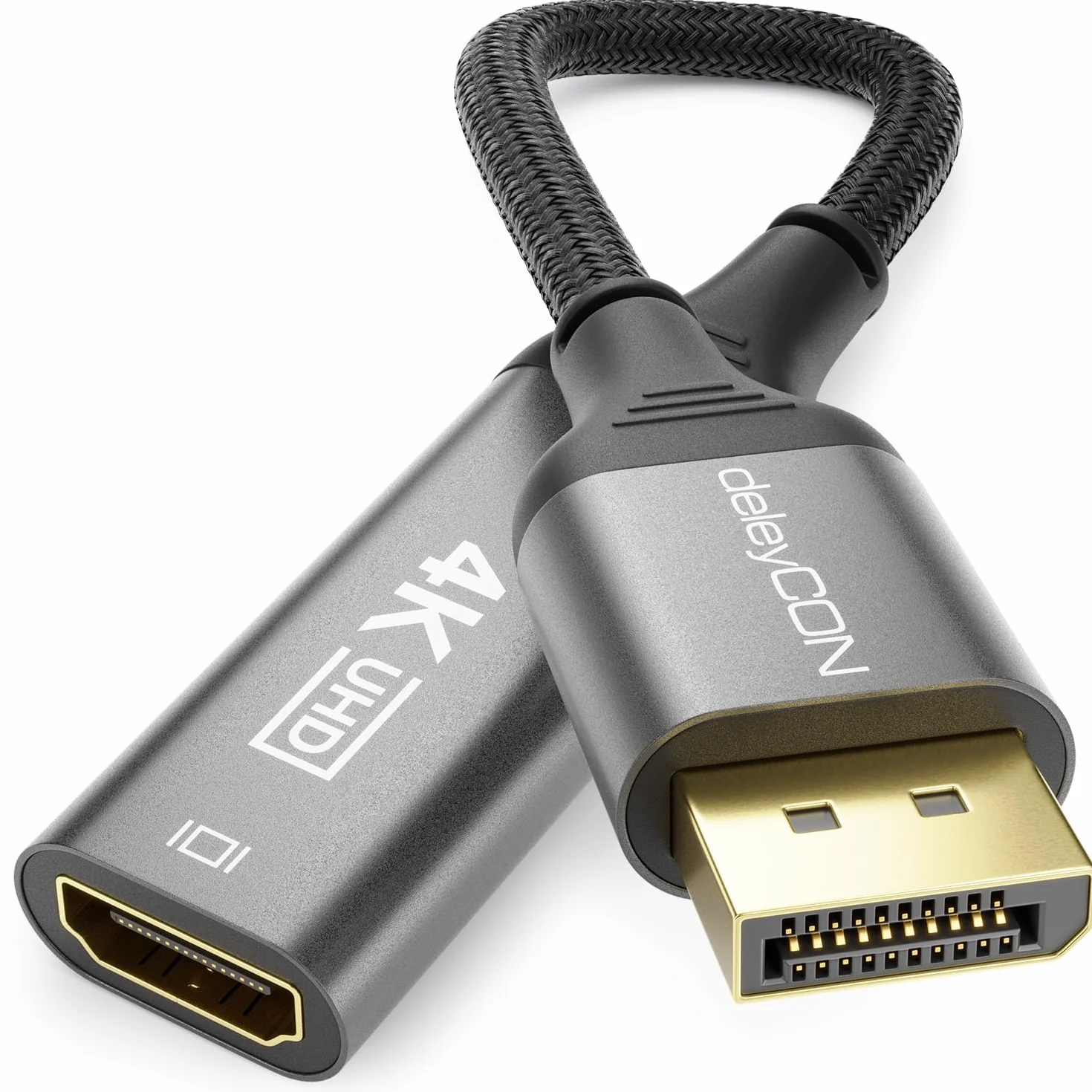 deleyCON Adapter 4K DisplayPort do HDMI (do monitora HDMI/TV/Beamer) - jednokierunkowy - 4K 60Hz, 1080P WQHD @165Hz 144Hz 120Hz 60Hz - do DisplayPort, komputera, karty graficznej, komputera