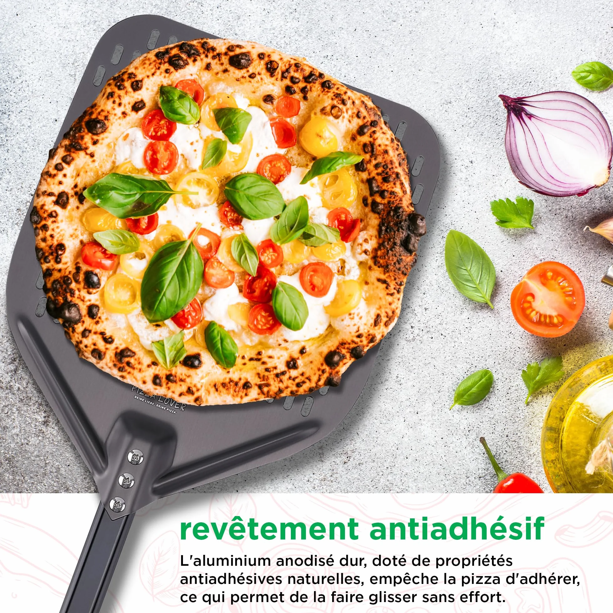 Pizza Lover Kit de pierres à pizza de qualité supérieure pour four et barbecue - 4 en 1 - Avec pelle à pizza perforée (anodisée dure) + pierre à pizza jusqu'à 800 °C en cordiérite + roulette à pizza