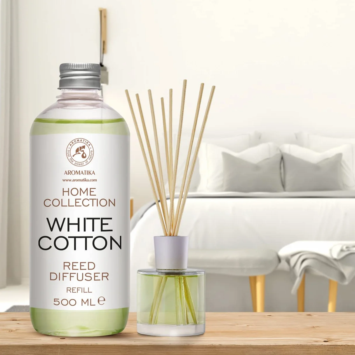 Diffuseur de Parfum Coton Blanc 500ml - Bâtonnets de Parfum - Diffuseur à Roseaux