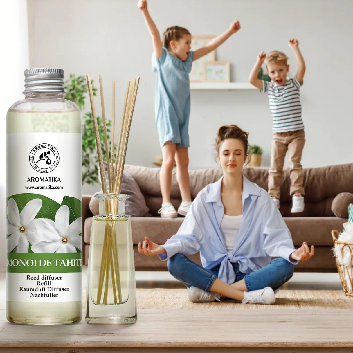 Recharge Diffuseurs de Parfum 3x200ml Monoï de Tahiti Vanille Jasmin - Parfum d'Ambance Frais Longue Durée