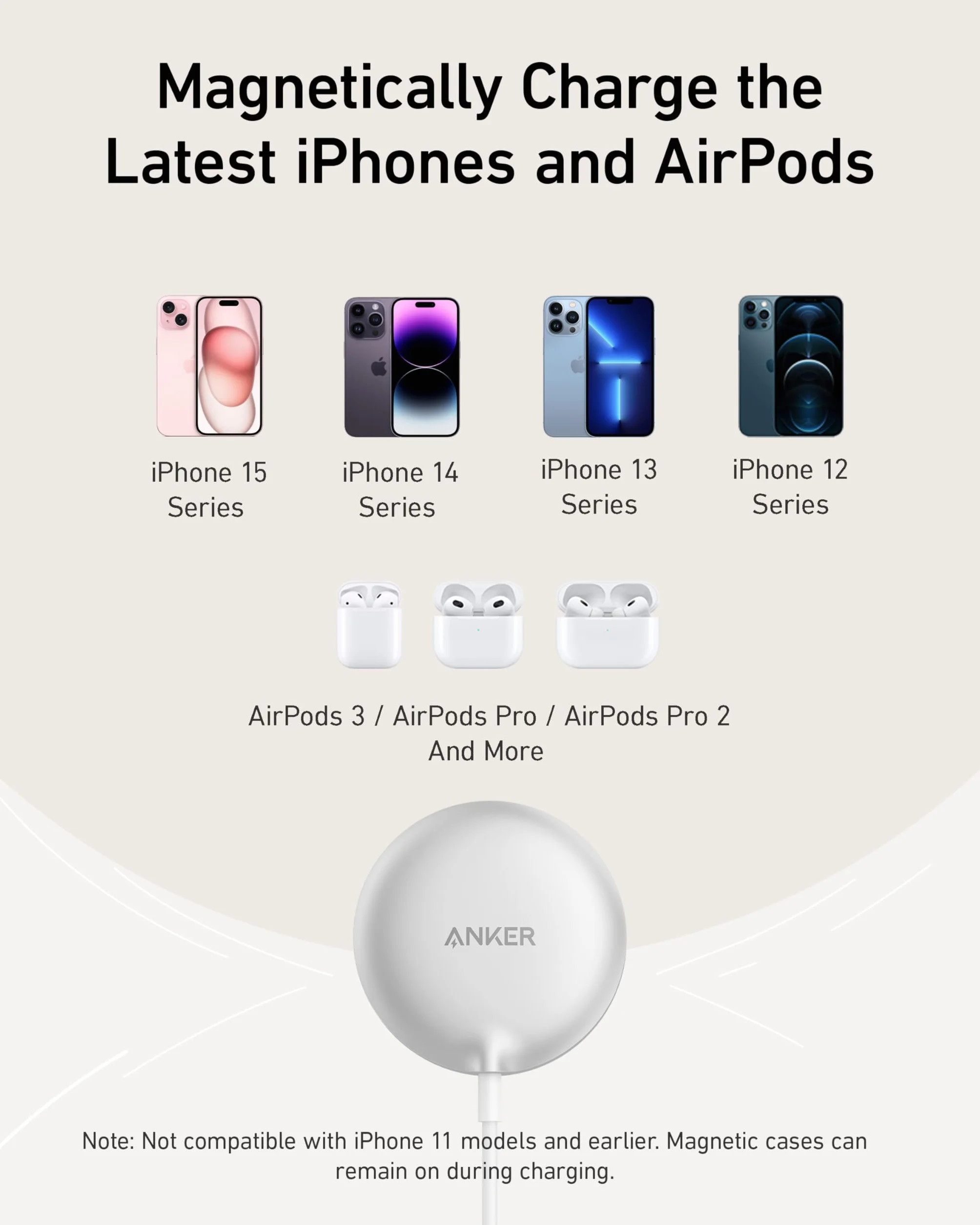 Anker MagGo Magnetyczna ładowarka bezprzewodowa (pad), 15 W Qi2 do MagSafe, do iPhone 16/16 Pro/16 Pro Max/16 Plus/15/14/13/12 (bez zasilacza)