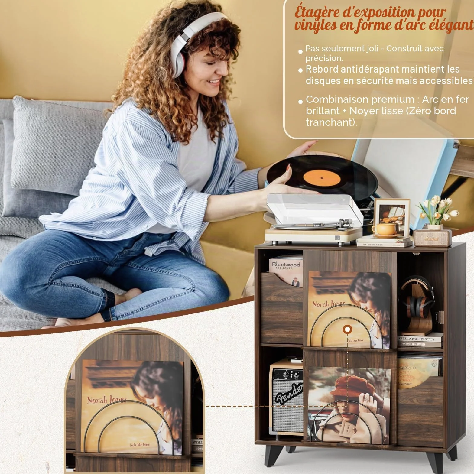 Bikoney Meuble Platine Vinyle avec Présentoir et 2 Tiroirs – Support en Bois et Meuble TV, Porte Vinyle pour Toutes Les Platines et Enceintes, Rangement pour Salon ou Chambre