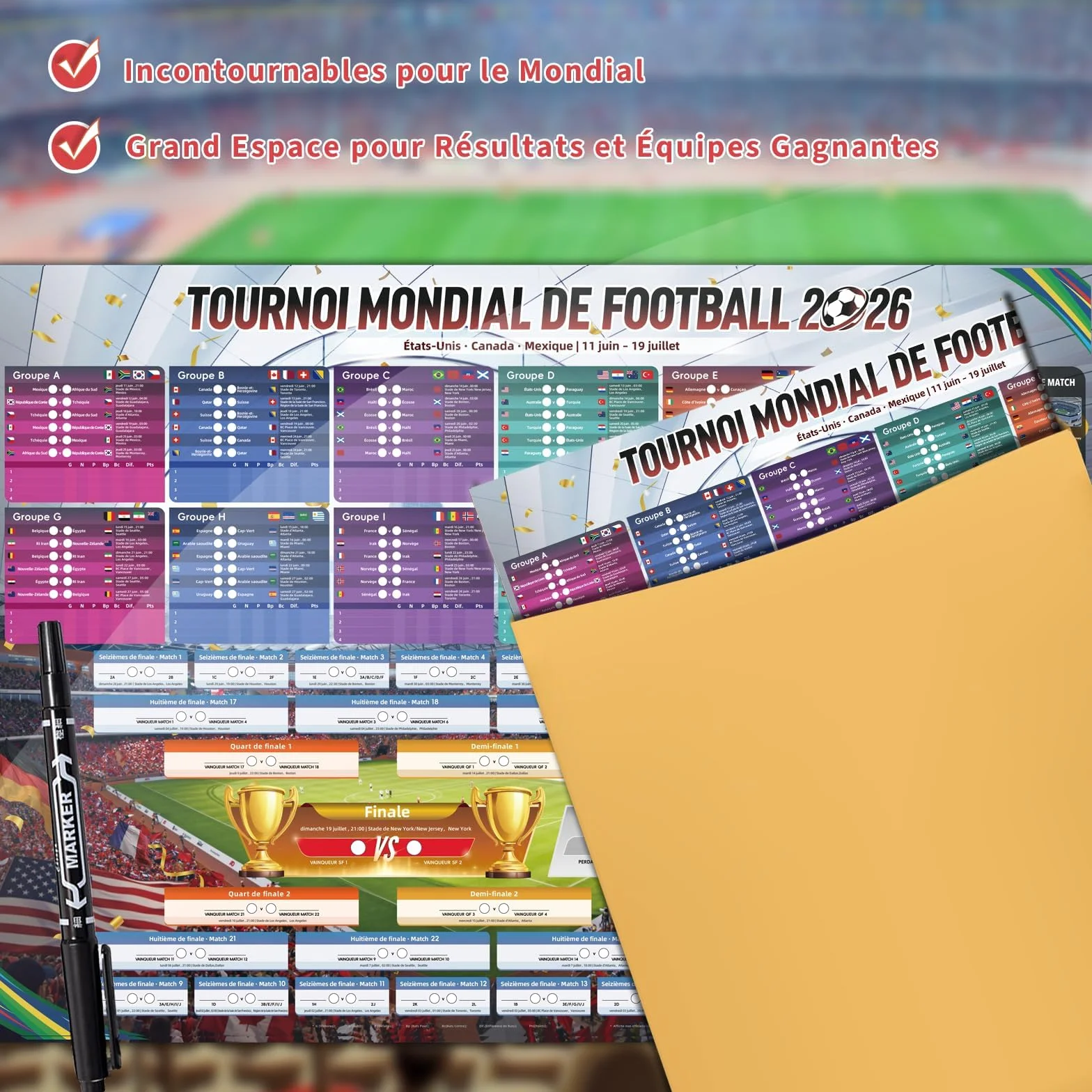 AhfuLife Calendrier Coupe du Monde de Football 2026, 100 x 70cm Poster 48 Pays Phase de Groupes Résultats Finale
