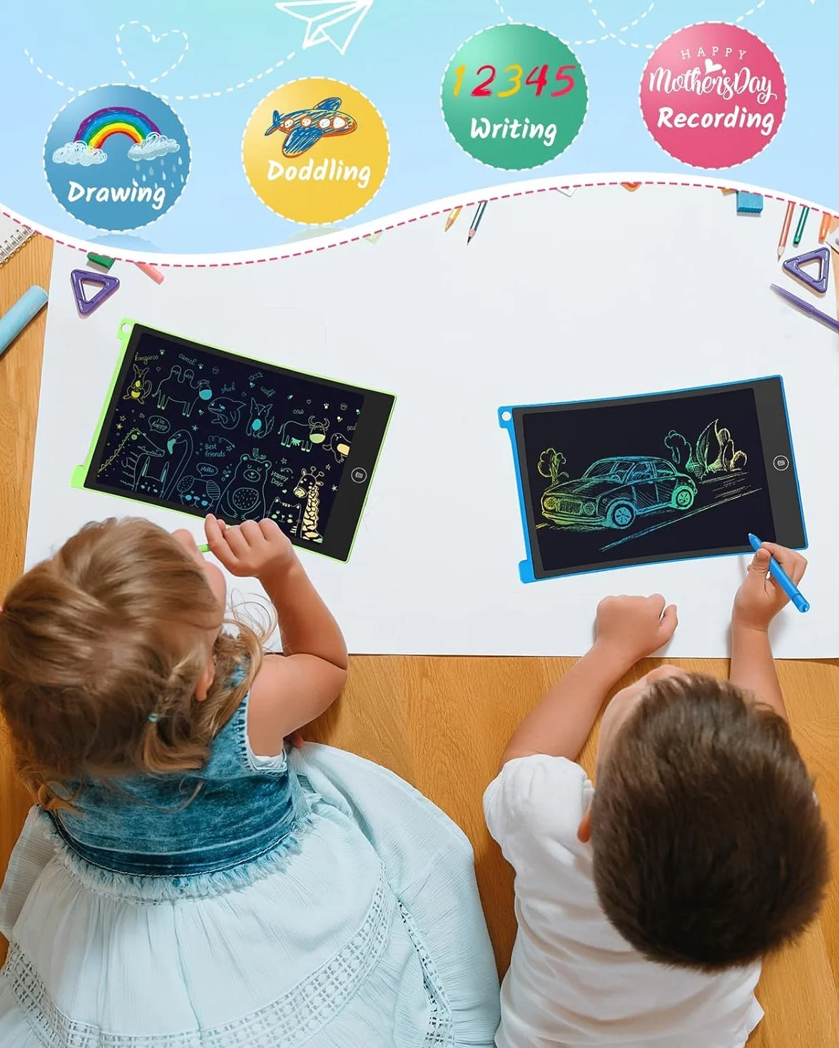 Tablettes d'écriture LCD 21,6 cm Lot de 2 Tableau à gribouiller coloré pour Enfants Bloc de Dessin effaçable réutilisable (Vert Bleu)