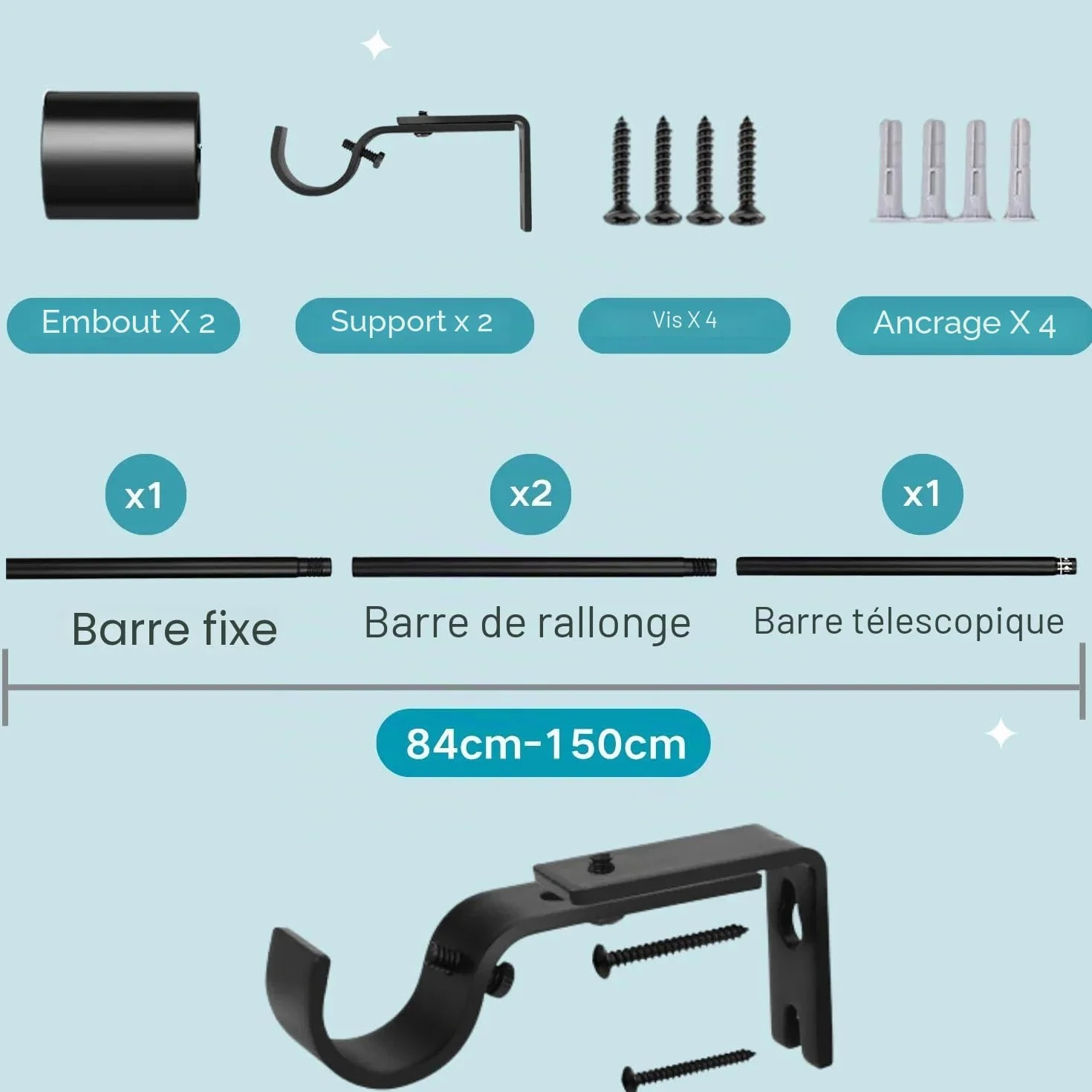 Tringle rideau extensible 84-150 cm Φ25 mm avec supports pour chambre salon cuisine