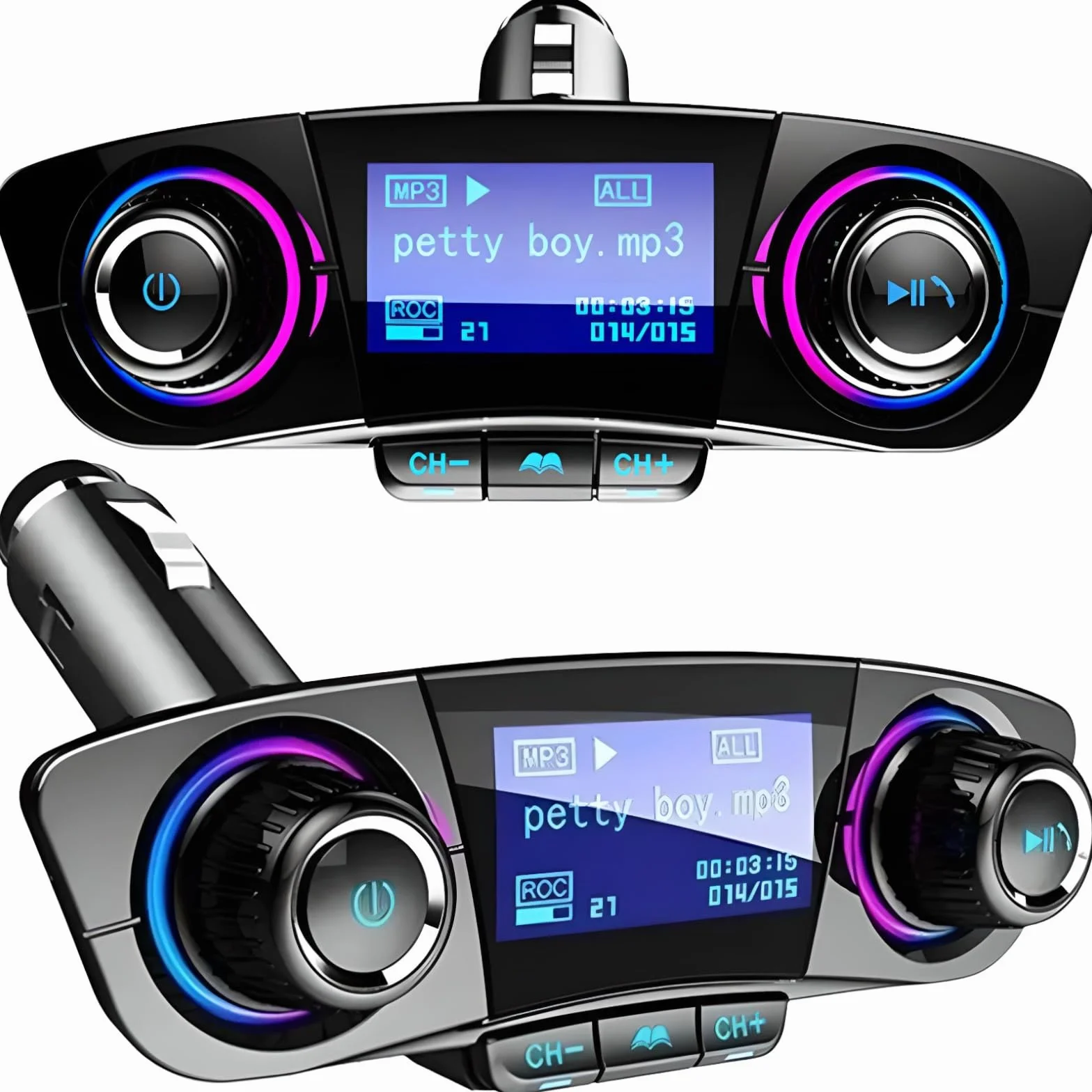 Retoo Zasilacz samochodowy Bluetooth, nadajnik FM, zestaw głośnomówiący i ładowarka, 2 porty USB, obsługuje karty SD, pamięć USB, szybkie ładowanie QC3.1A, ładowarka do zapalniczki samochodowej