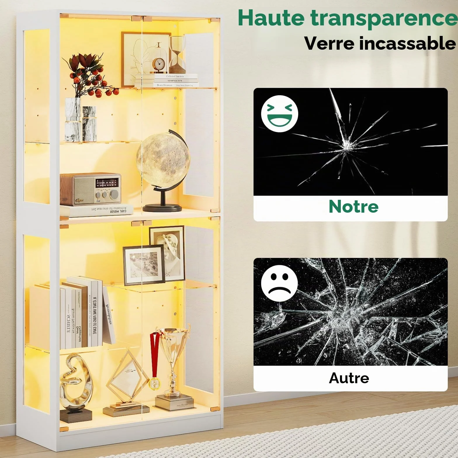 Lamtor Vitrine en Verre Debout, 175 cm, avec éclairage LED RVB, réglable en Hauteur, avec Verre trempé de sécurité et Fermeture magnétique, pour Les Collections dans Le Salon, Blanche