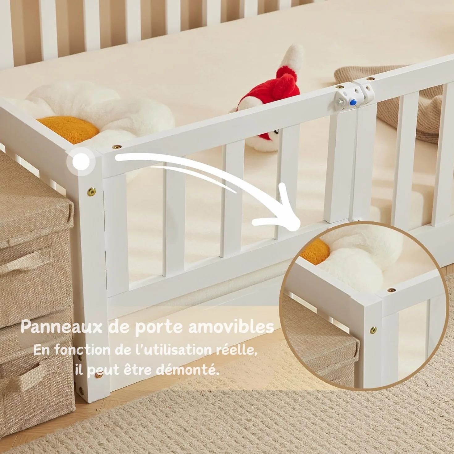 LEADZM Montessori Lit d'enfant Lit au Sol 140x200 cm - Bois Massif avec Porte et Barrière Sécurisée - 12 Lattes Renforcées, Garde-Corps Intégré - pour Enfants et Bébés (Blanc)