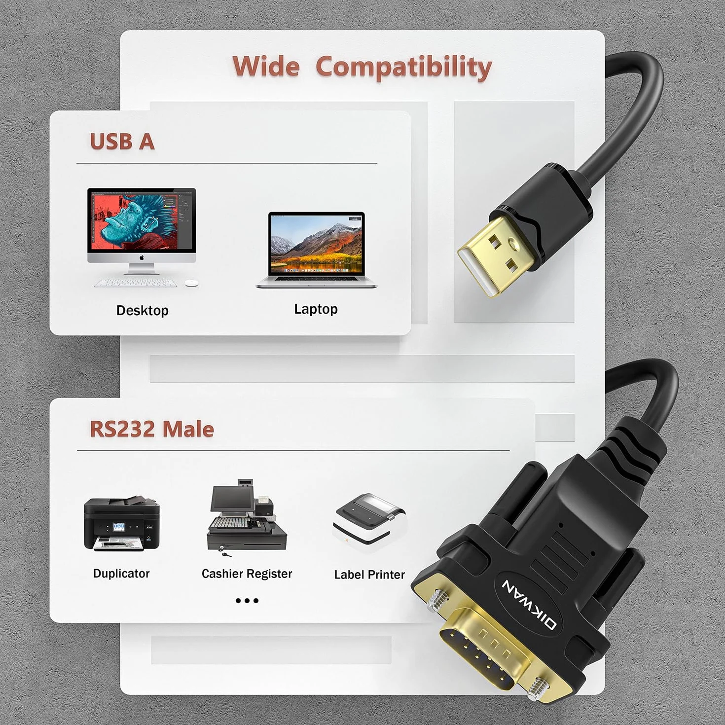 Adaptateur USB à RS232, câble série DB9 mâle FTDI 6ft pour Windows 11, 10, 8, 7, Linux, Mac OS