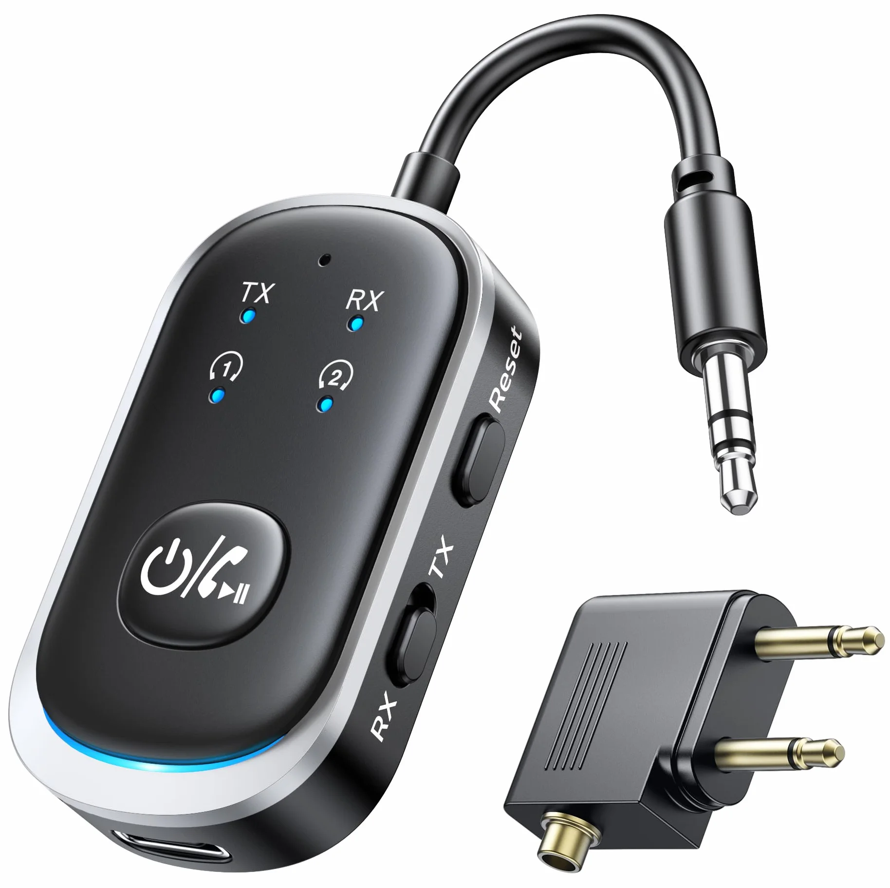 Mohard Bluetooth 5.3 Audio, Nadajnik Bluetooth Odbiornik AUX Bluetooth 5.3 Car Handsfree Dual Pair do AirPods i Słuchawek, 3.5mm Jack Audio Adapter w samolocie, Dom/Samochód Stereo, PC/TV/Głośniki