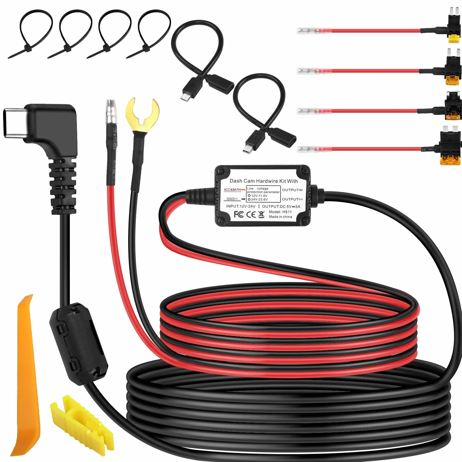 XMSJSIY Zestaw do kamery samochodowej Hardwire Adapter USB typu C Micro/Mini USB Hardwire Kit Car Dash Cam ładowarka przewód zasilający 12 V-24 V do 5 V z 4 kablami bezpiecznikowymi i narzędziem do