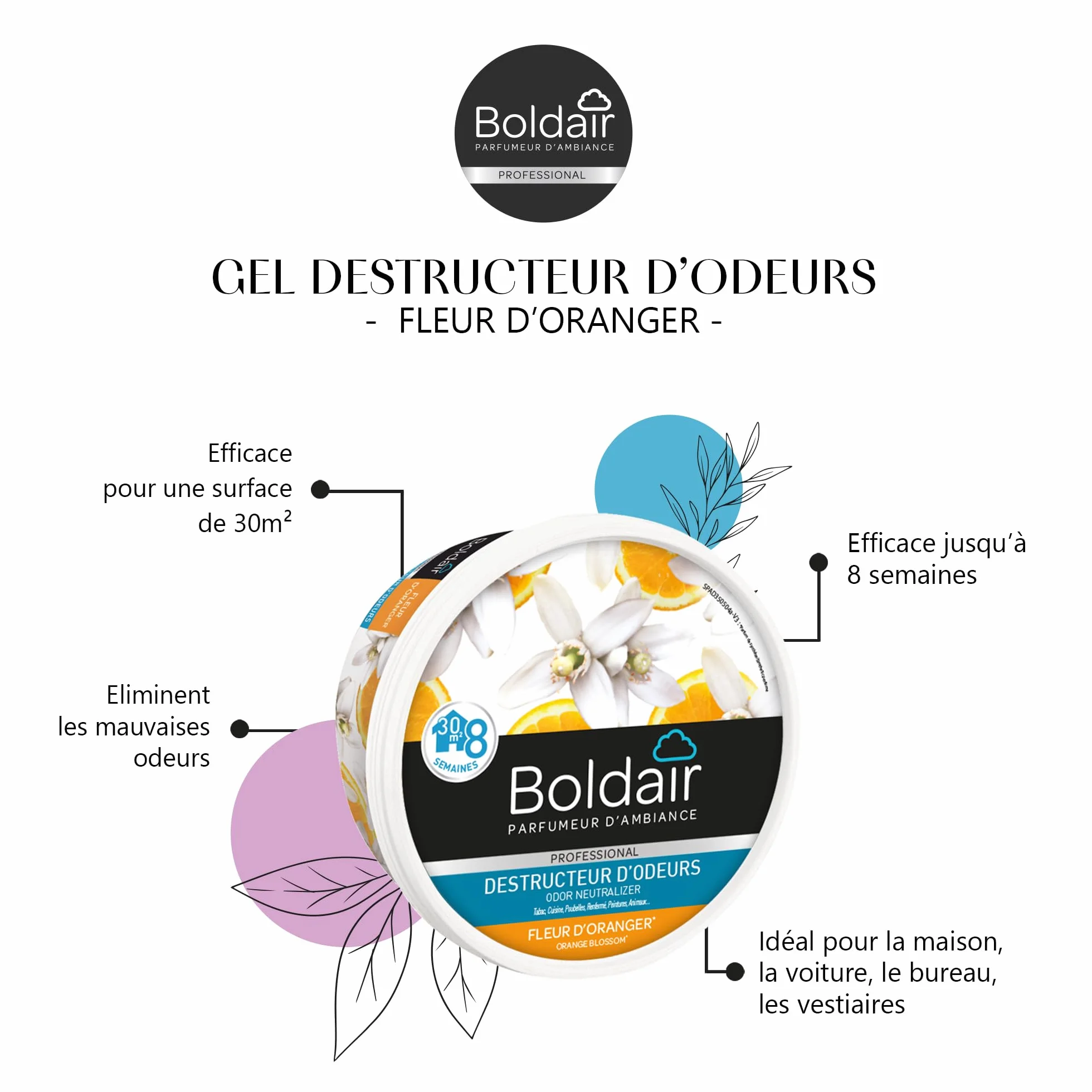 BOLDAIR Gel destructeur d'odeur Fleur d'Oranger 300g Fabrication française