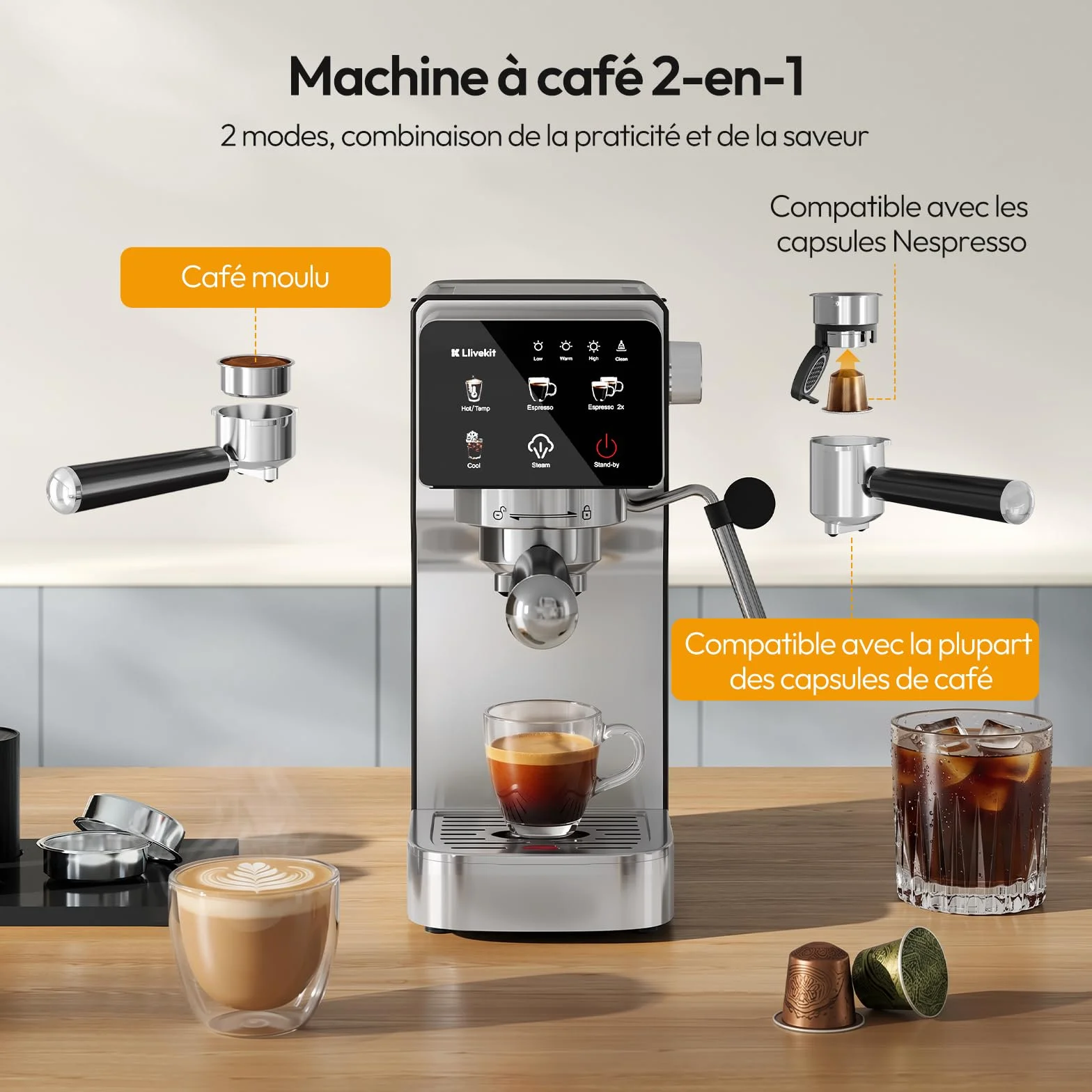 LLIVEKIT Machine à Café Expresso 20 Bars, Mousseur à Lait Intégré, Extraction Chaude & Froide, Double Mode Capsules/Poudre, Réservoir 1,2L, Écran Tactile LED, Acier Inox