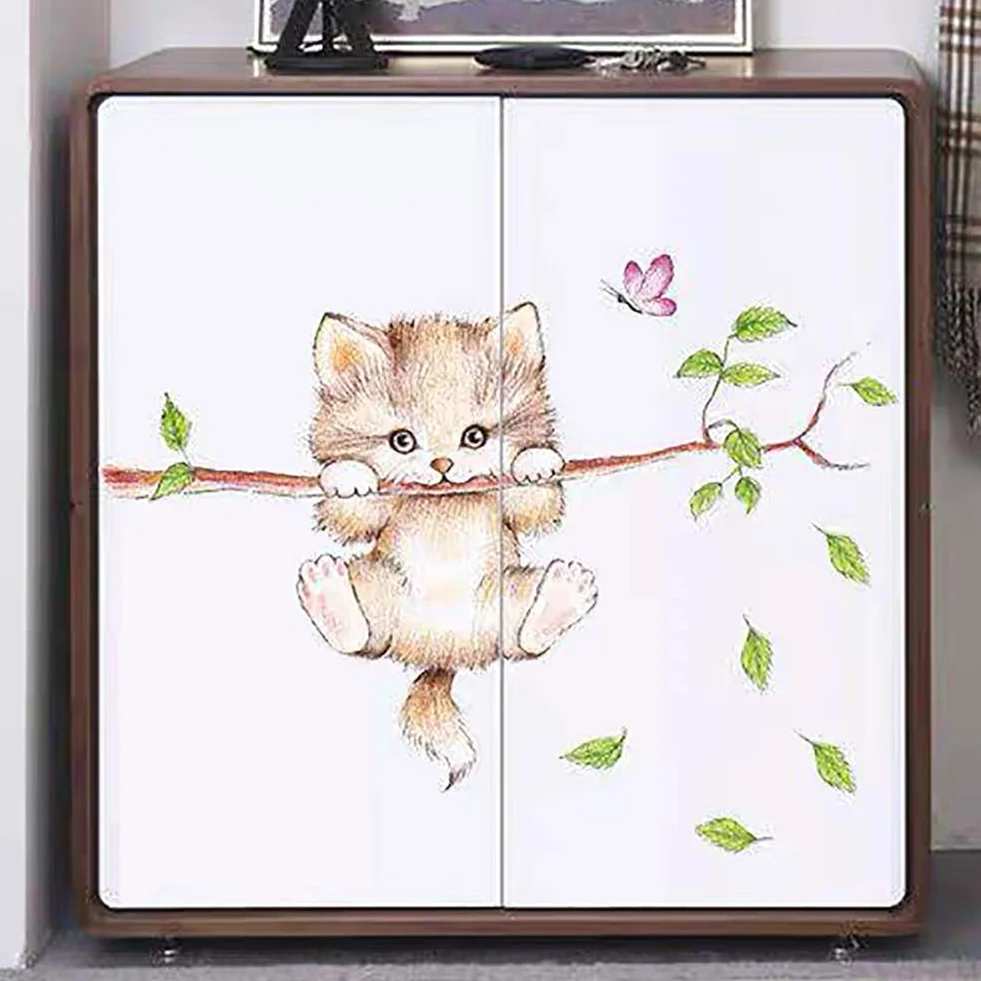 WandSticker4U® Autocollant mural CHAT MIGNON 77x55 cm animaux forêt arbre branche fleurs décoration murale chambre enfant