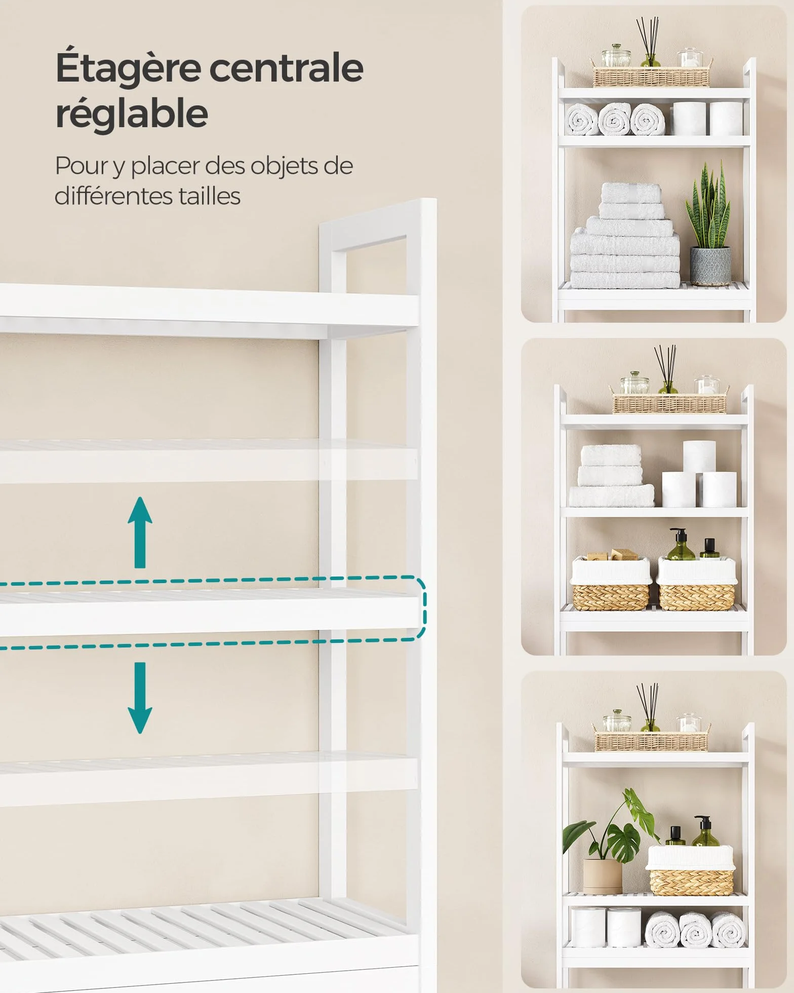 SONGMICS Étagère WC, Rangement au-Dessus des Toilettes, 3 Niveaux, avec Étagère Réglable, Convient à la Plupart des Toilettes, Gain de Place, Montage Facile, Blanc Nuage BTS01WT
