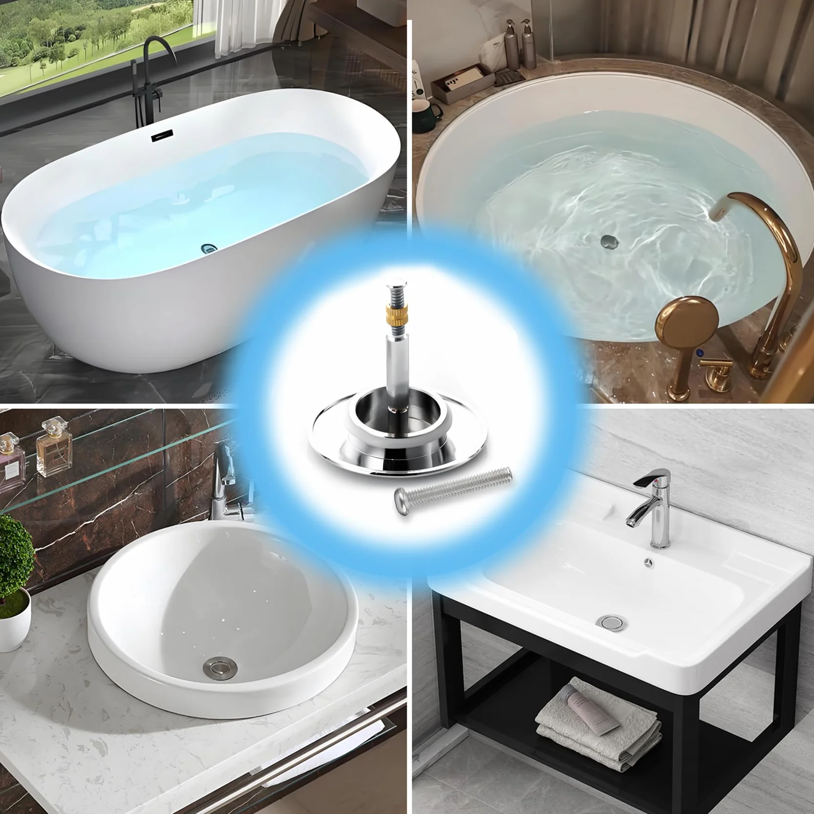 Bouchon De Baignoire Ø 72 mm avec Vis Réglable, Clapet De Lavabo