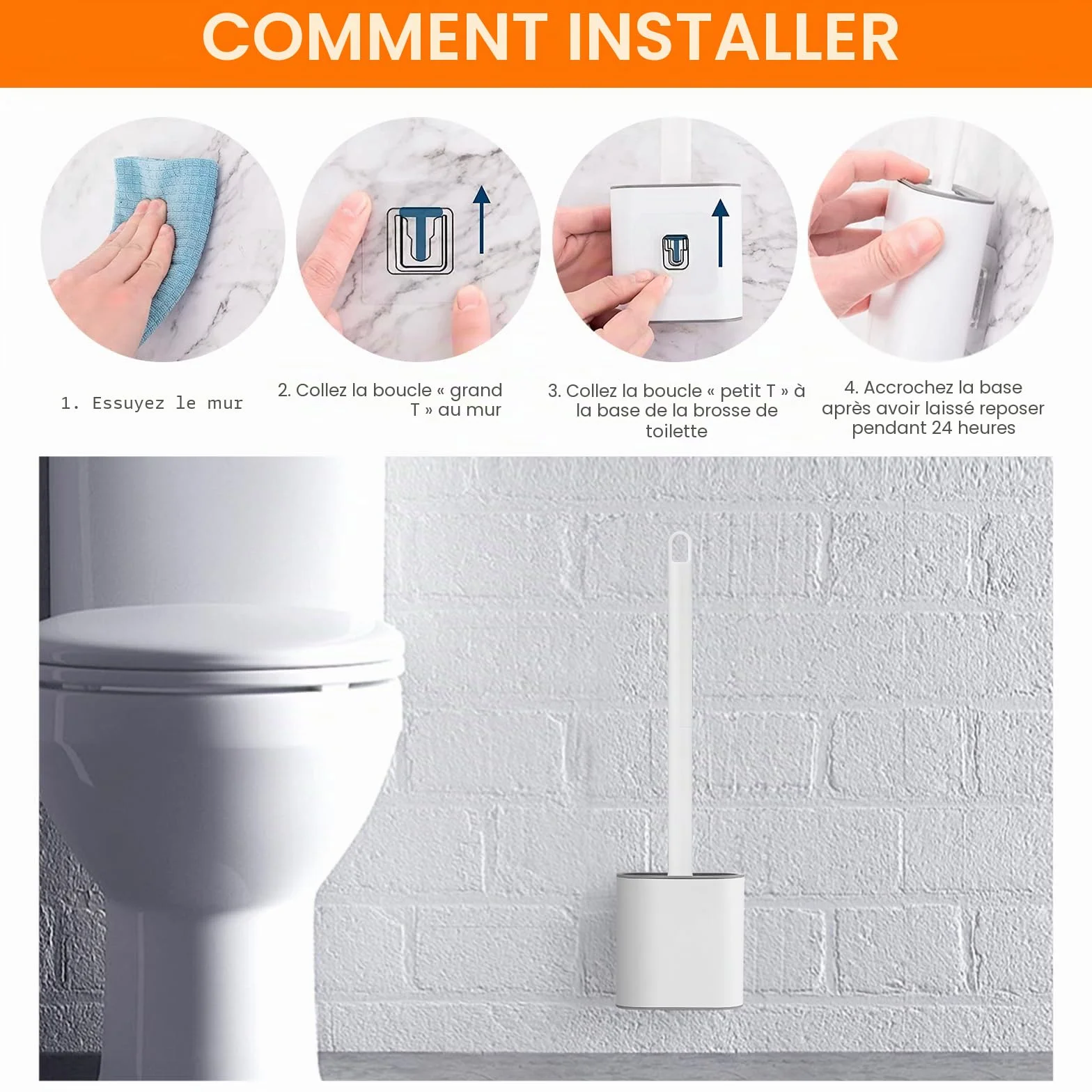 Ibergrif Brosse WC Silicone Antibactérienne Montage Mural Blanc
