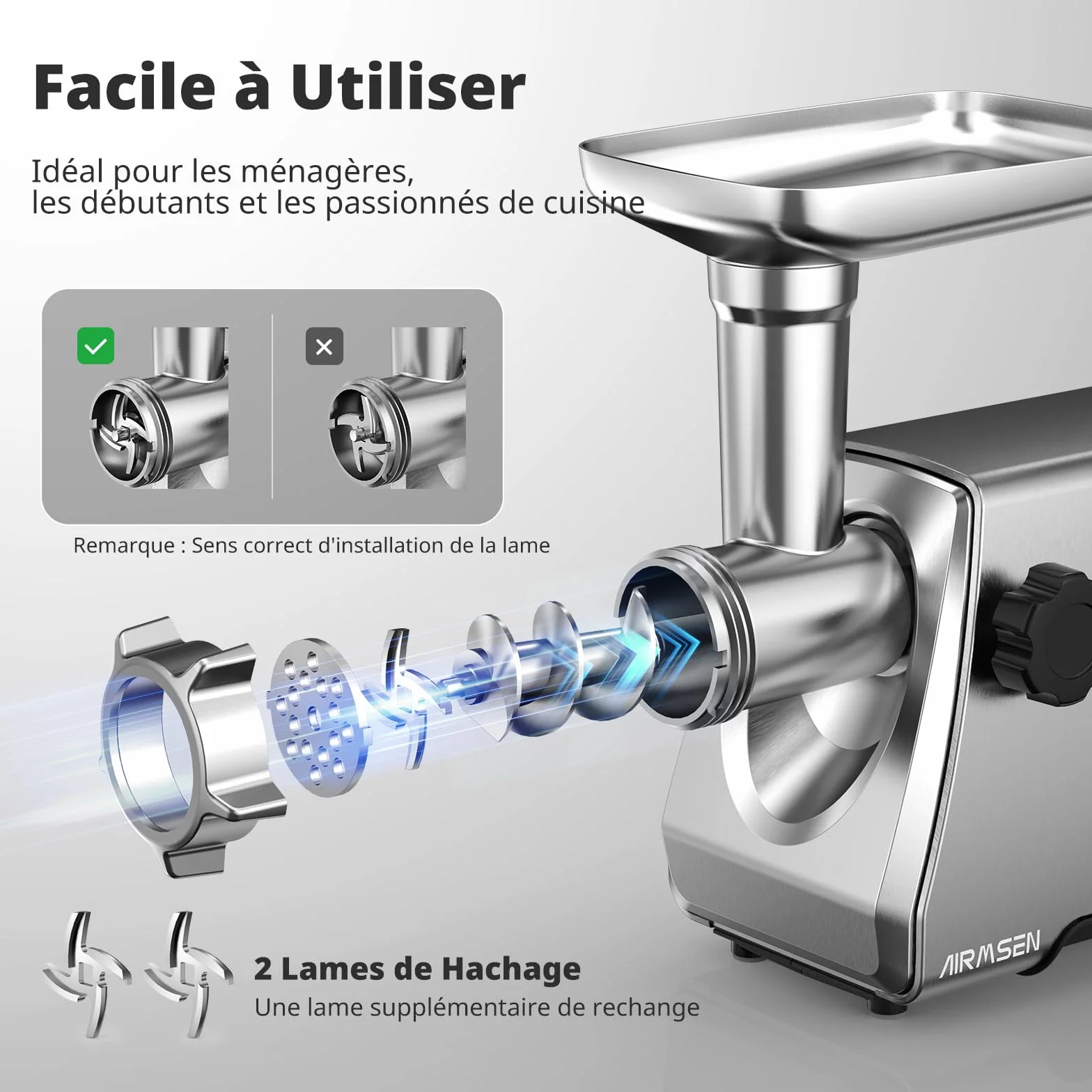 AIRMSEN Hachoir à Viande Électrique 3 en 1– Machine à Saucisses en Acier Inoxydable avec 3 Plaques, 2 Lames en Acier Inoxydable et Kit Kubbe – Rapide, Silencieux, Facile à Nettoyer pour Maison