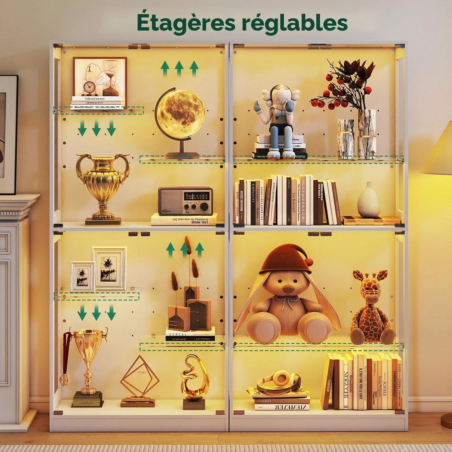 Lamtor Vitrine en Verre Debout, 175 cm, avec éclairage LED RVB, réglable en Hauteur, avec Verre trempé de sécurité et Fermeture magnétique, pour Les Collections dans Le Salon, Blanche