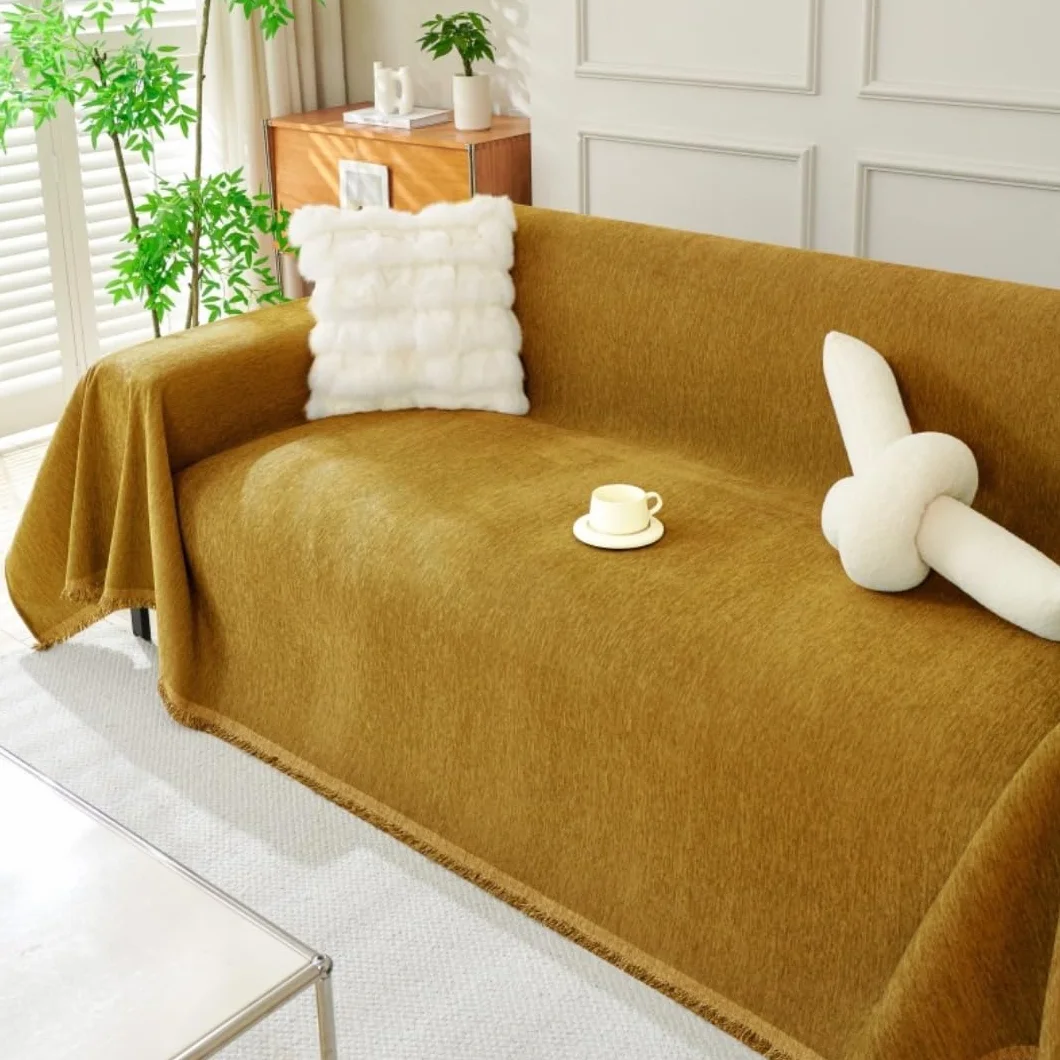 Housse Anti-Poussière Canapé Chenille Highdi Moderne, Lavable Couverture Protège Chat Anti Griffe, Moutarde 230x340cm