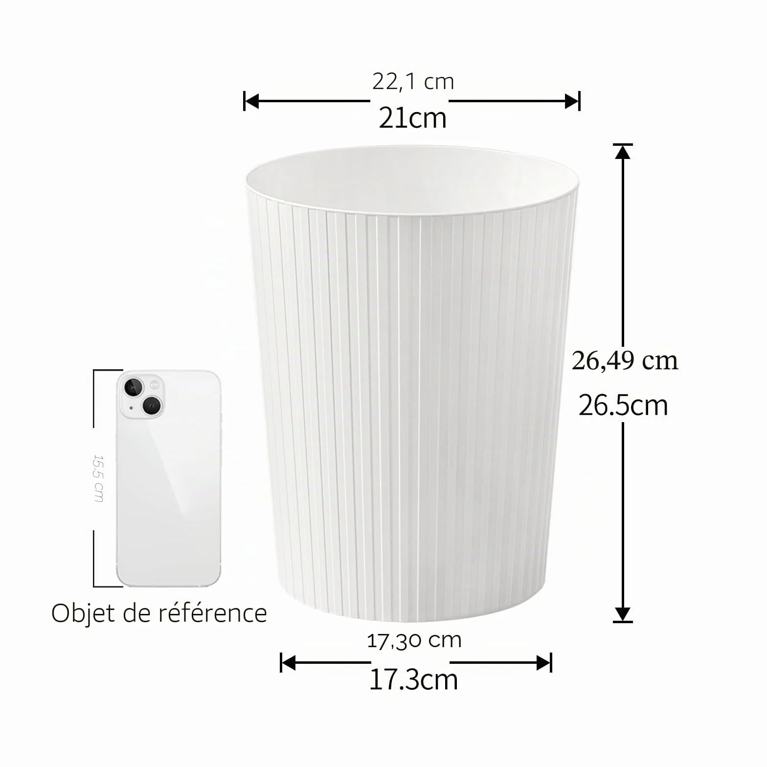 Cetomo Corbeille à Papiers Poubelle en Plastique à Rayures Ronde 7.2L 3 Pièces Empilable Sans BPA Blanc