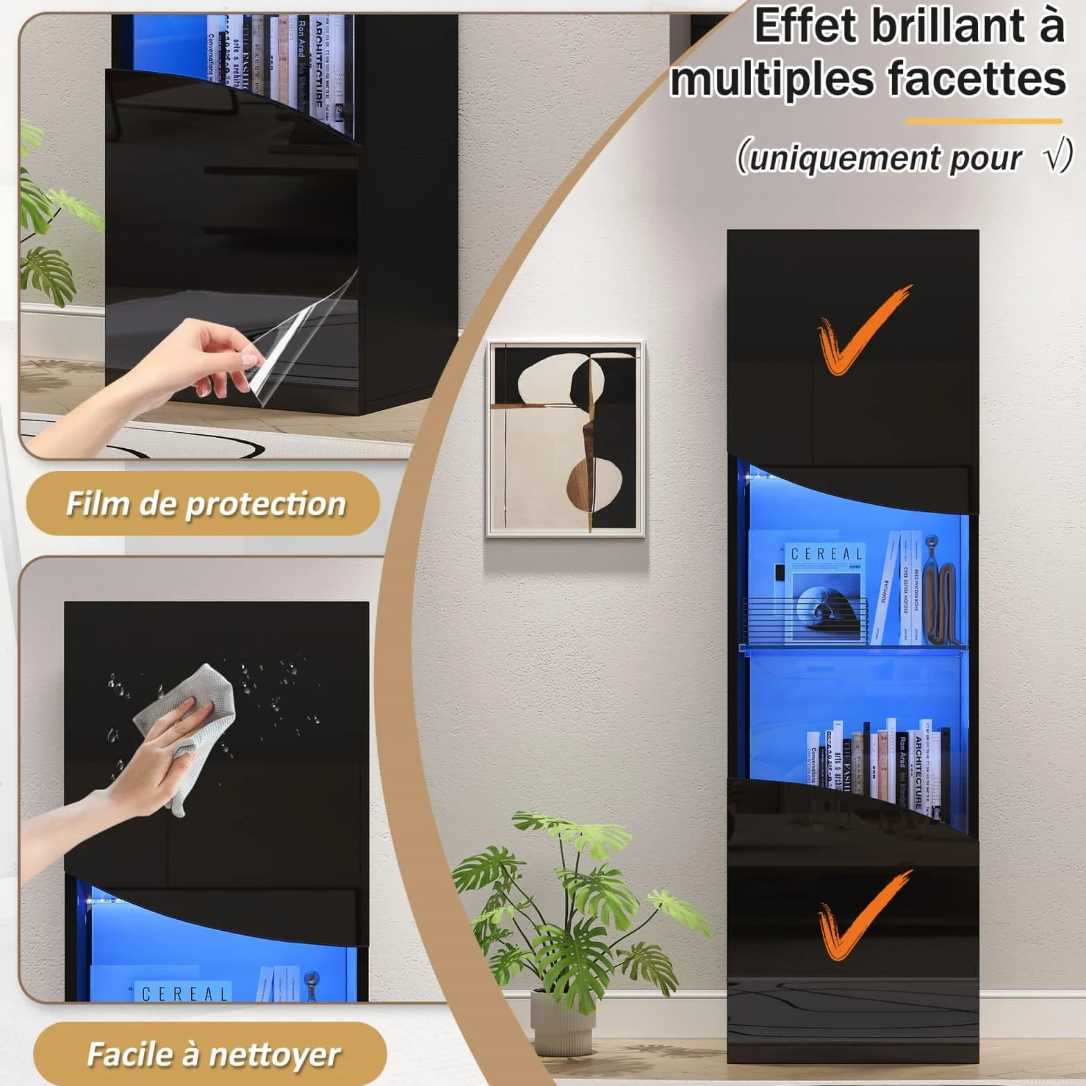 KOMHTOM Armoire Vitrine LED 35x50x165cm, Meuble Exposition Mural avec Éclairage USB, Design Contemporain pour Salon Bureau, Panneau Particules Noir Haut-Brillant(35x50x165cm)