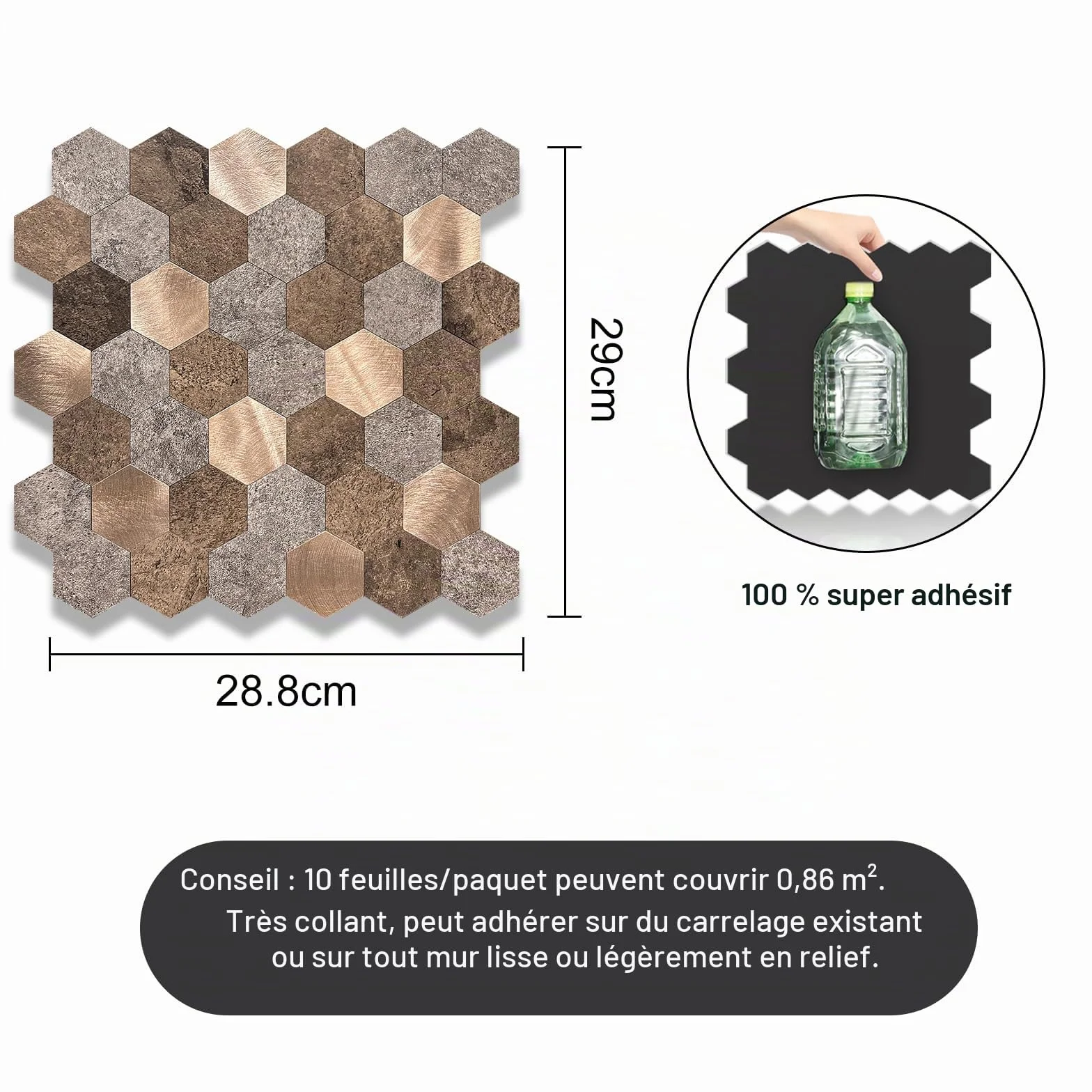 Carreaux muraux autocollants métal brossé 4 mm 10 feuilles